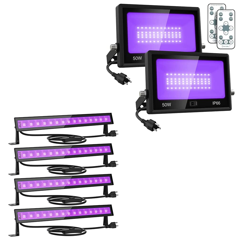 Onforu 2-Pack 50W LED Black Lights & 4-Pack 27W Black Light Bars with Plug & Switch - UV Blacklight for Glow Parties, Christmas Decor, Wedding Events & Body Paint - Waterproof IP66 for Indoor/Outdoor Use