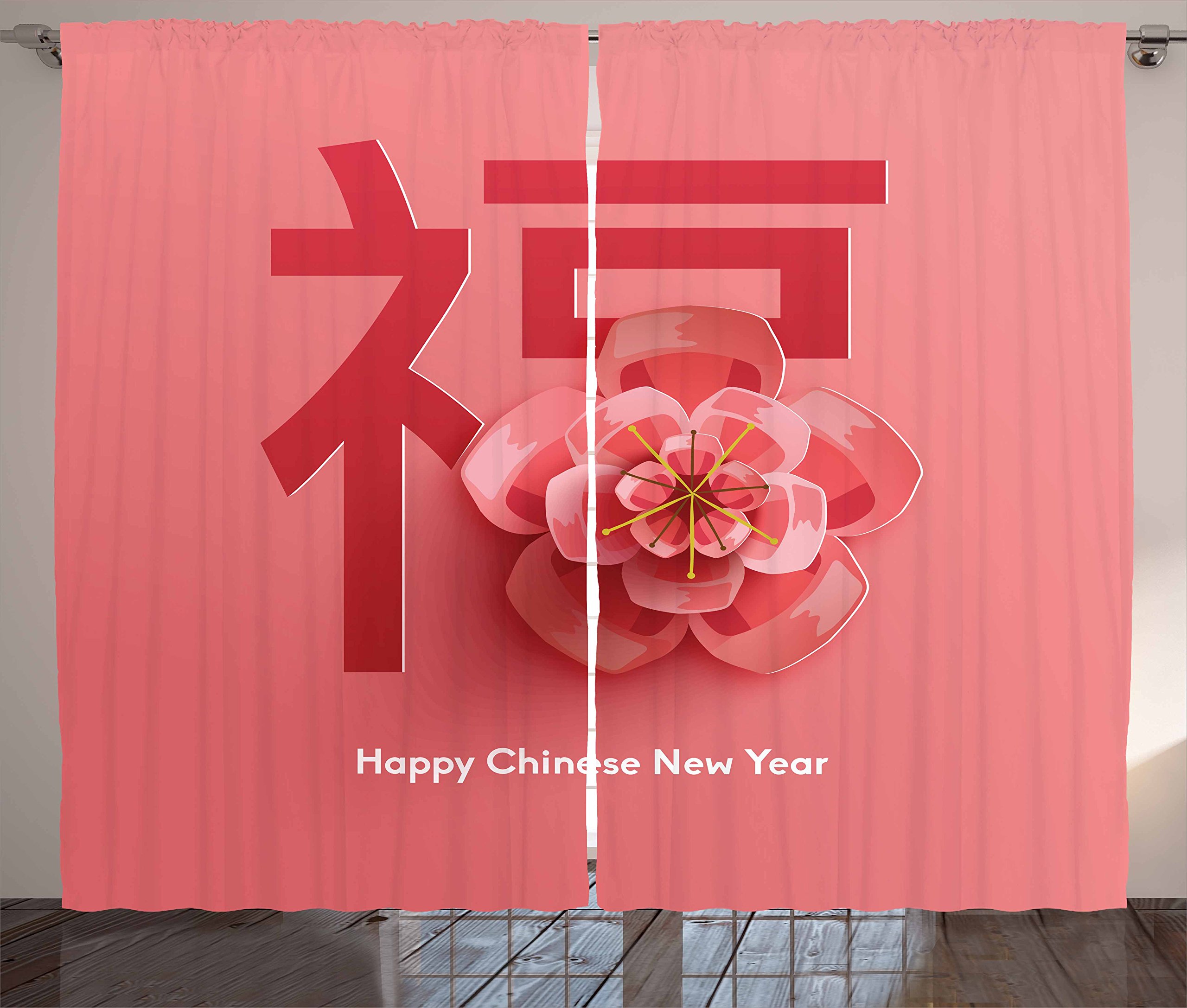 Ambesonne Chinese New Year Curtains - Pink Floral Celebration Design with Traditional Phrases, 2 Panel Window Drapes for Living Room & Bedroom, 108