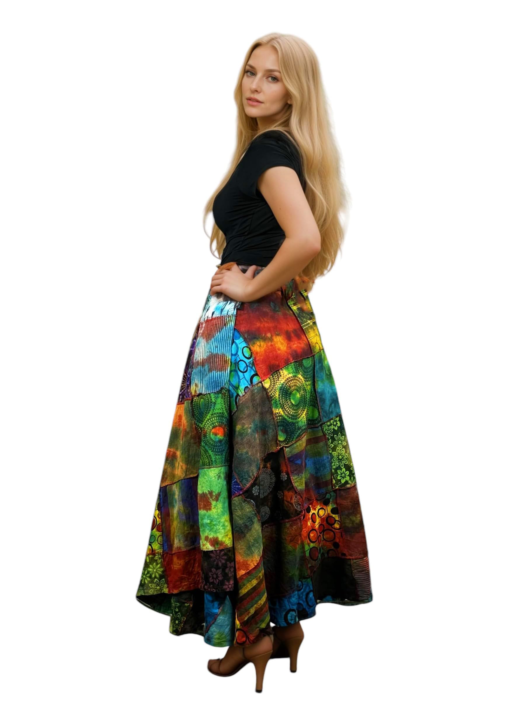 Agan Traders Women’s 2025 Spring & Fall Boho Maxi Skirt - High Waisted Patchwork Wrap Long Skirt with Tie Up Detail | Perfect for Beach, Music Festivals & Bohemian Style Outfits