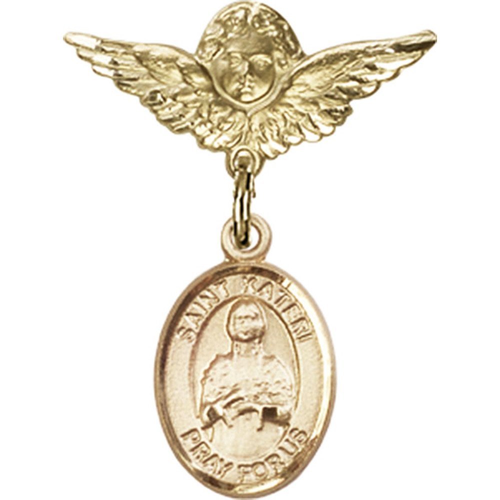 St. Kateri Gold Filled Baby Badge Pin with Angel Wings Charm - 1 X 3/4 Inch Religious Jewelry for Baptism, First Communion & Christening Gifts