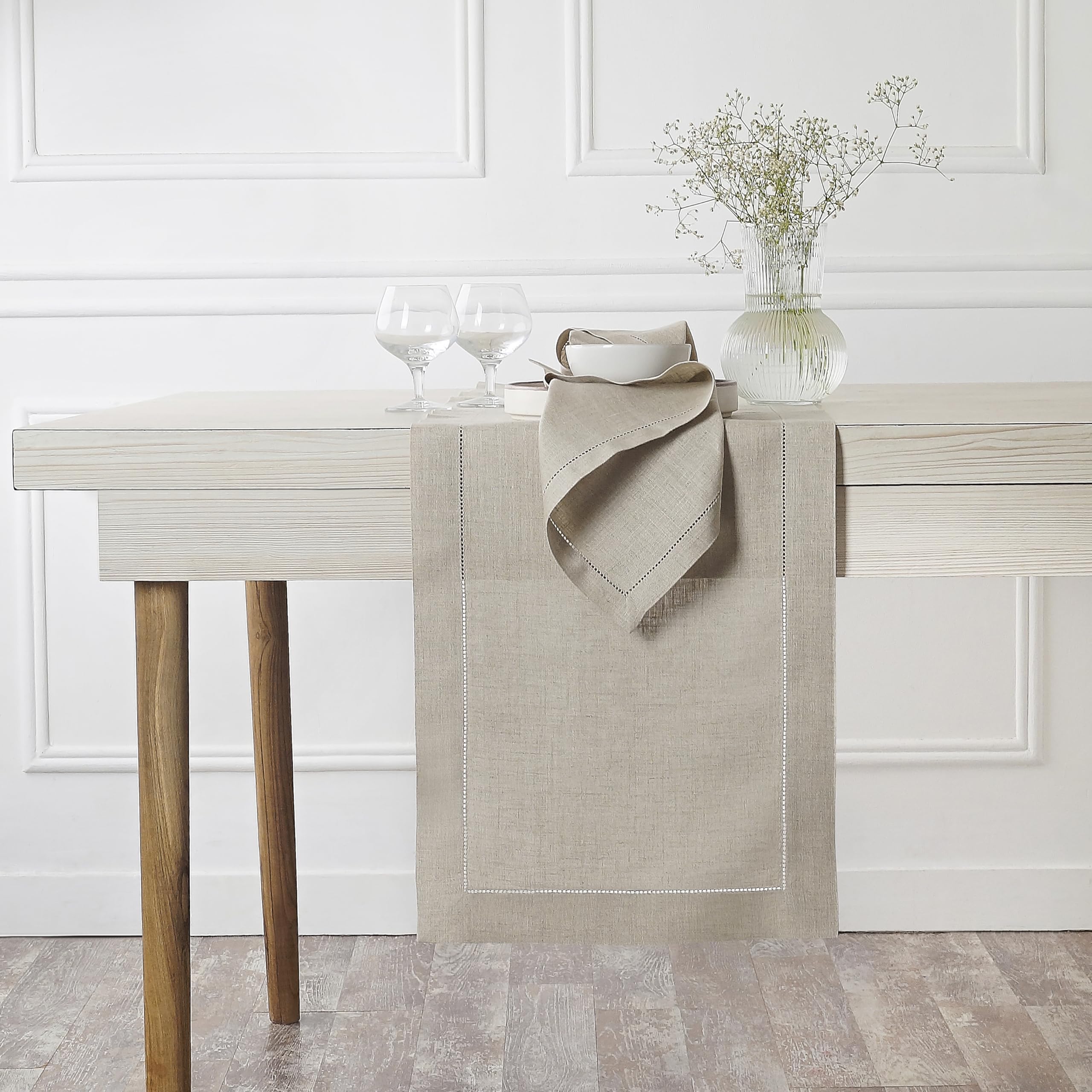 D'Moksha Homes 100% Pure Linen Table Runner 14x144 Inch - Classic Hemstitch Natural Tablecloth Decor - Machine Washable Farmhouse Dining Table Runner for Easter, Thanksgiving, Wedding & Home Decor