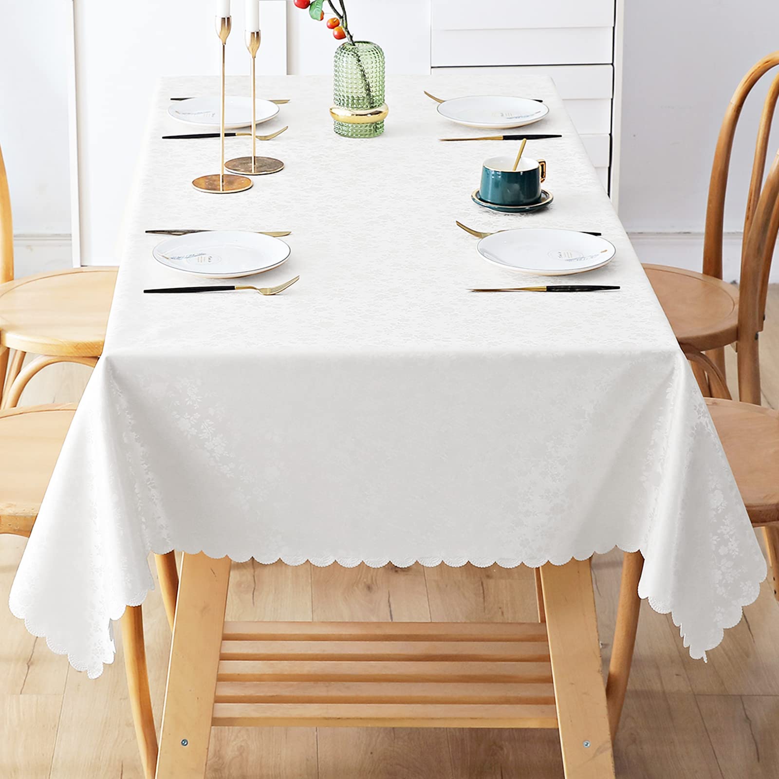 Smiry Rectangle Waterproof Vinyl Tablecloth - Heavy Duty, Wipeable, Washable Kitchen & Dining Room Table Cover (White, 52