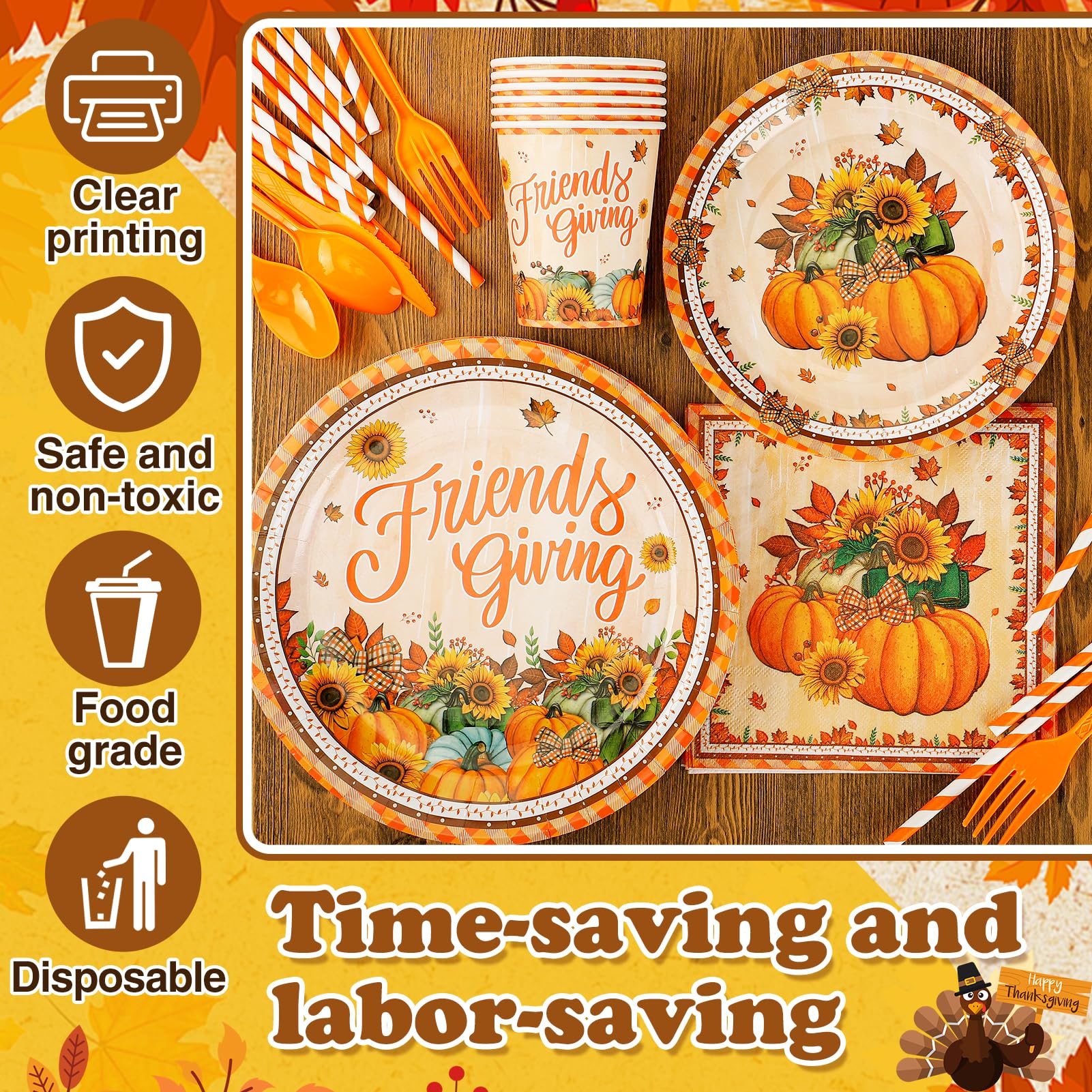 Friendsgiving Party Decorations Set - 194pcs Thanksgiving Tableware Kit with Pumpkin Plates, Cups, Forks & Napkins for 24 Guests | Thanksgiving Dinner Decor, Friendsgiving Table Setting for Holiday Gatherings & Family Feasts
