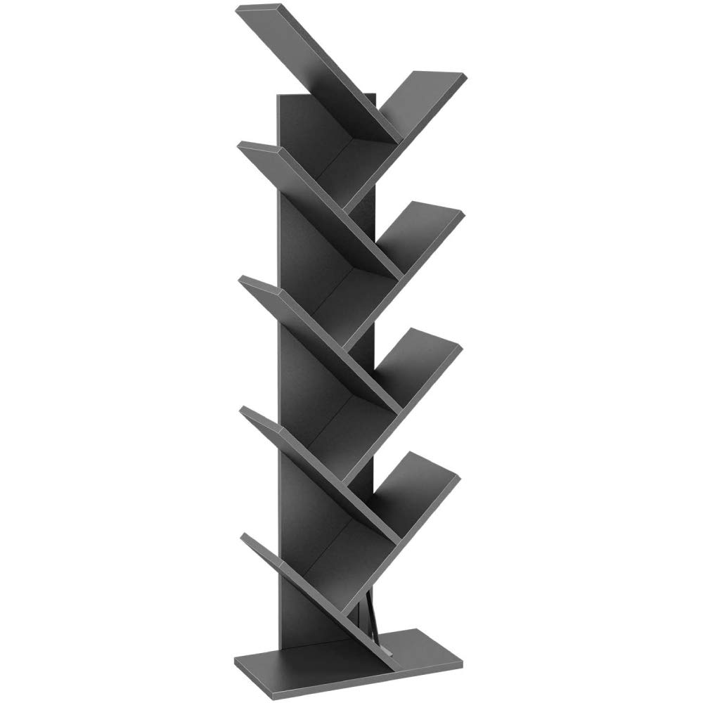 9-Shelf Bookcase Rack - Free Standing Wooden Tree Bookshelf Organizer for Books, Movies, Video Games & CDs - Black - Perfect for Living Room, Office & Kids Room Storage
