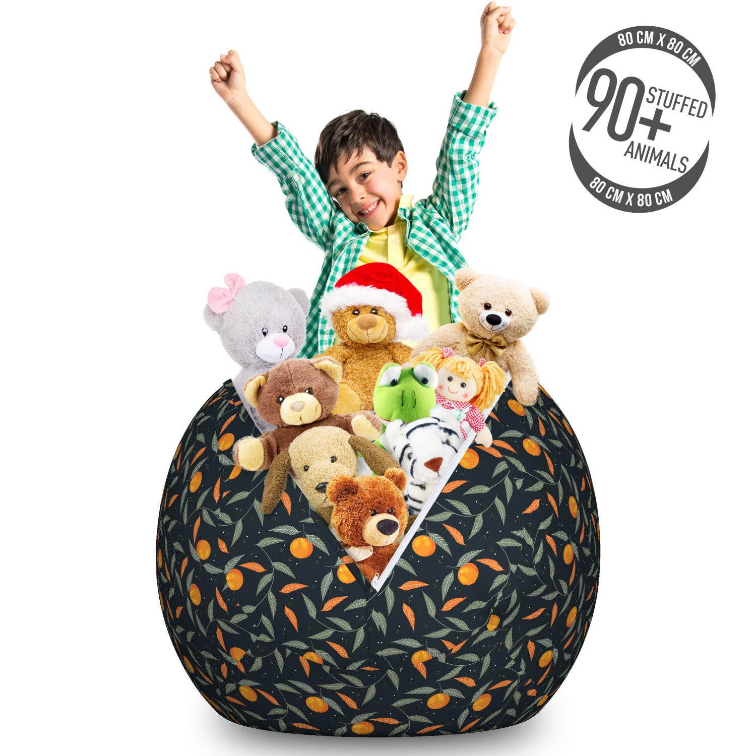 Ambesonne Orange Storage Toy Bag Chair - Large Washable Stuffed Animal Organizer with Citrus Fruit & Swirling Branches Pattern in Dark Night Blue Marigold | Perfect for Kids' Room, Playroom & Toy Organization