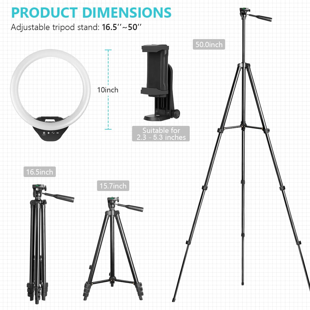 Sensyne 10'' Ring Light with 50'' Extendable Tripod Stand - LED Circle Light with Phone Holder for Live Streaming, Makeup, YouTube Videos & TikTok - Compatible with All Smartphones - Perfect for Home Studio, Beauty Vlogging & Content Creation