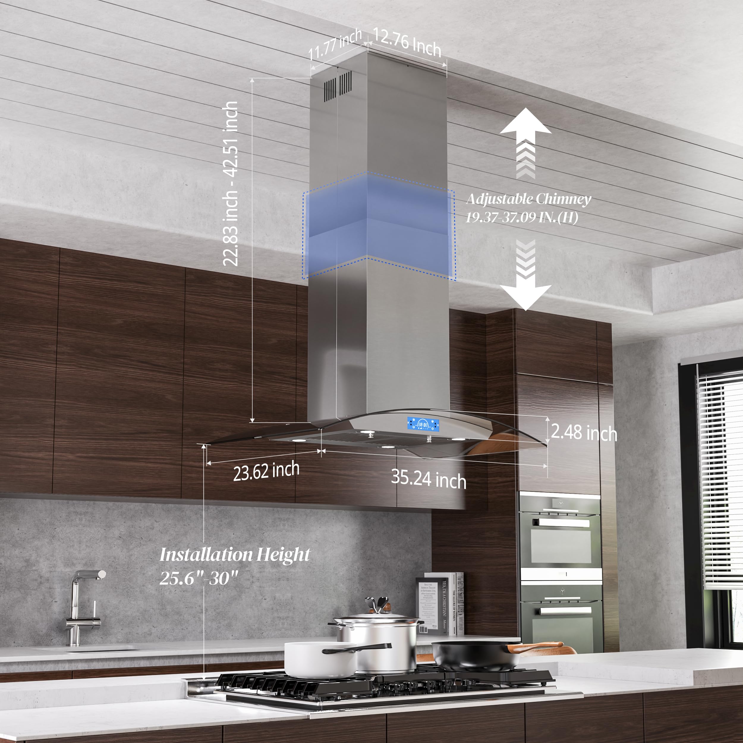 **FIREGAS 36 Inch 700 CFM Stainless Steel Island Range Hood with Tempered Glass, 4 LED Lights, 3-Speed Fan & Touch Control – Permanent & Charcoal Filters – Perfect for Modern Kitchens & Open-Concept Homes**