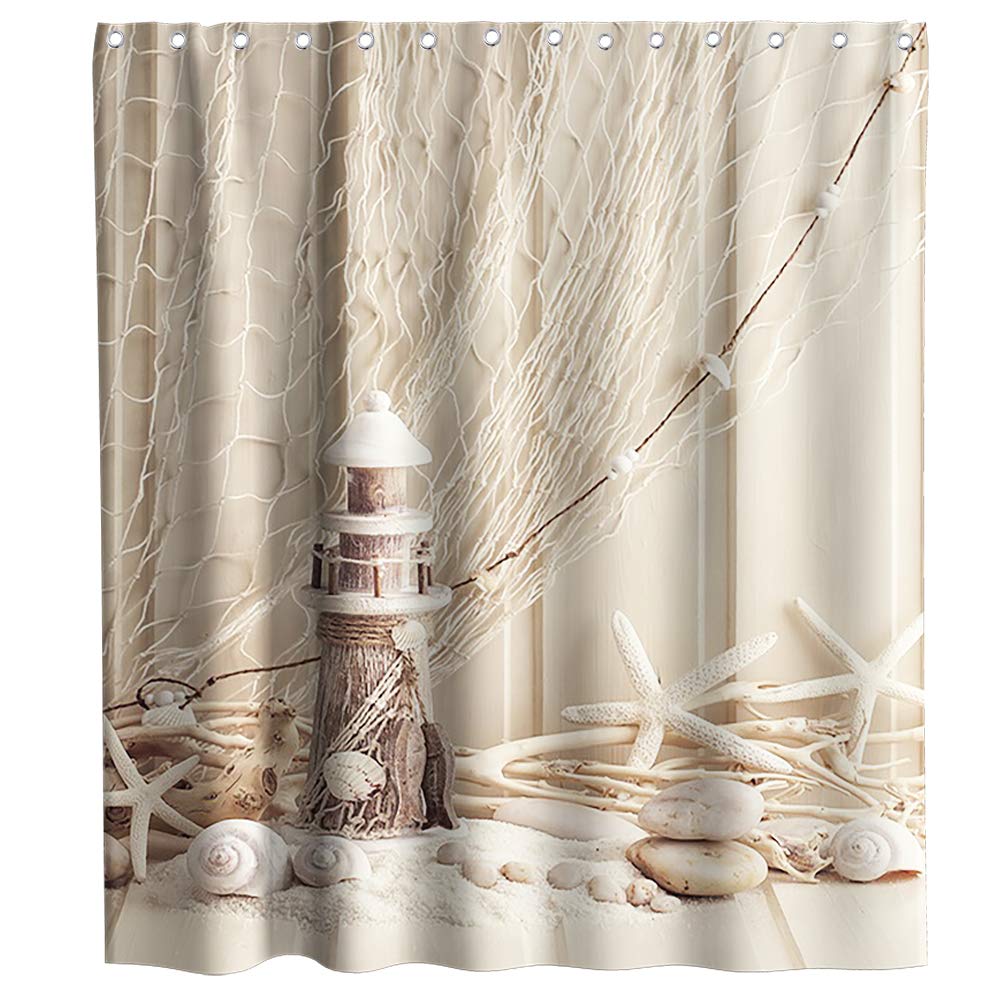 Nautical Beach Shower Curtain - Coastal Ocean Theme with Seashells, Starfish & Lighthouse Design - Waterproof Bathroom Decor Set with Hooks - 72x72 Inches Washable Fabric for Coastal, Beach House or Nautical Themed Bathrooms