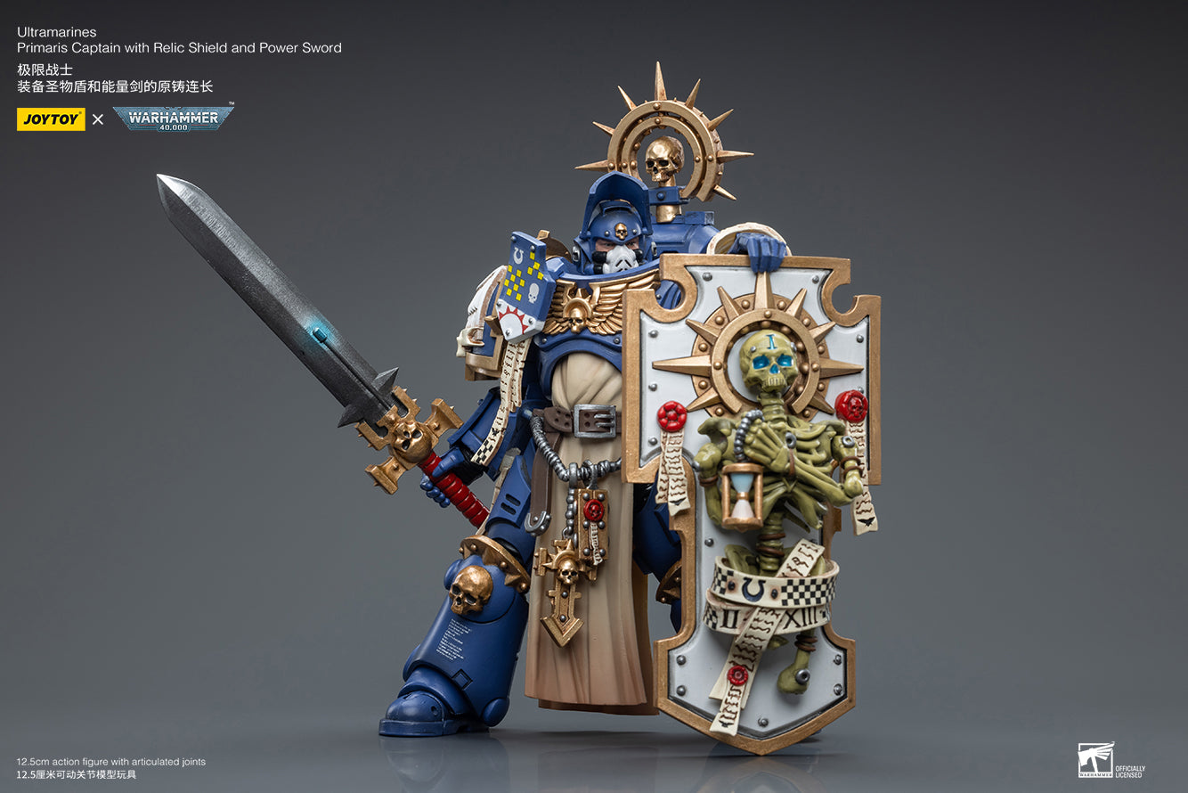 1/18 JOYTOY Warhammer 40K Ultramarines Primaris Captain Action Figure with Relic Shield & Power Sword - Collectible Miniature for Tabletop Gaming & Display