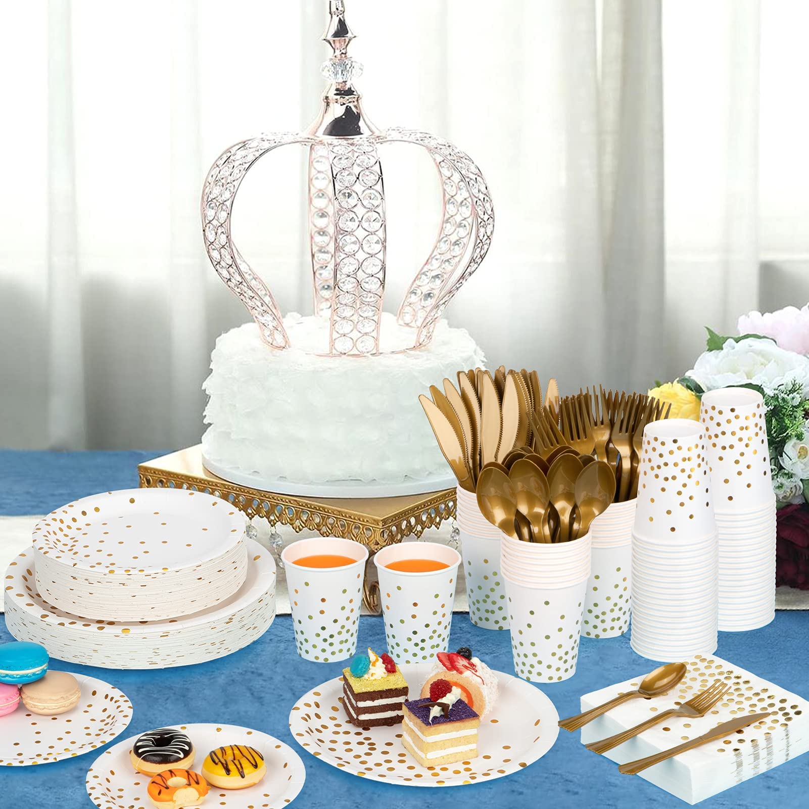 350PCS White & Gold Disposable Dinnerware Set - Paper Plates, Napkins, Cups, Plastic Forks, Knives & Spoons - Elegant Party Supplies for Birthday, Christmas, Retirement & New Year's Eve 2025 Decorations - Perfect for Women & Men's Celebrations, Dinner Parties & Special Events