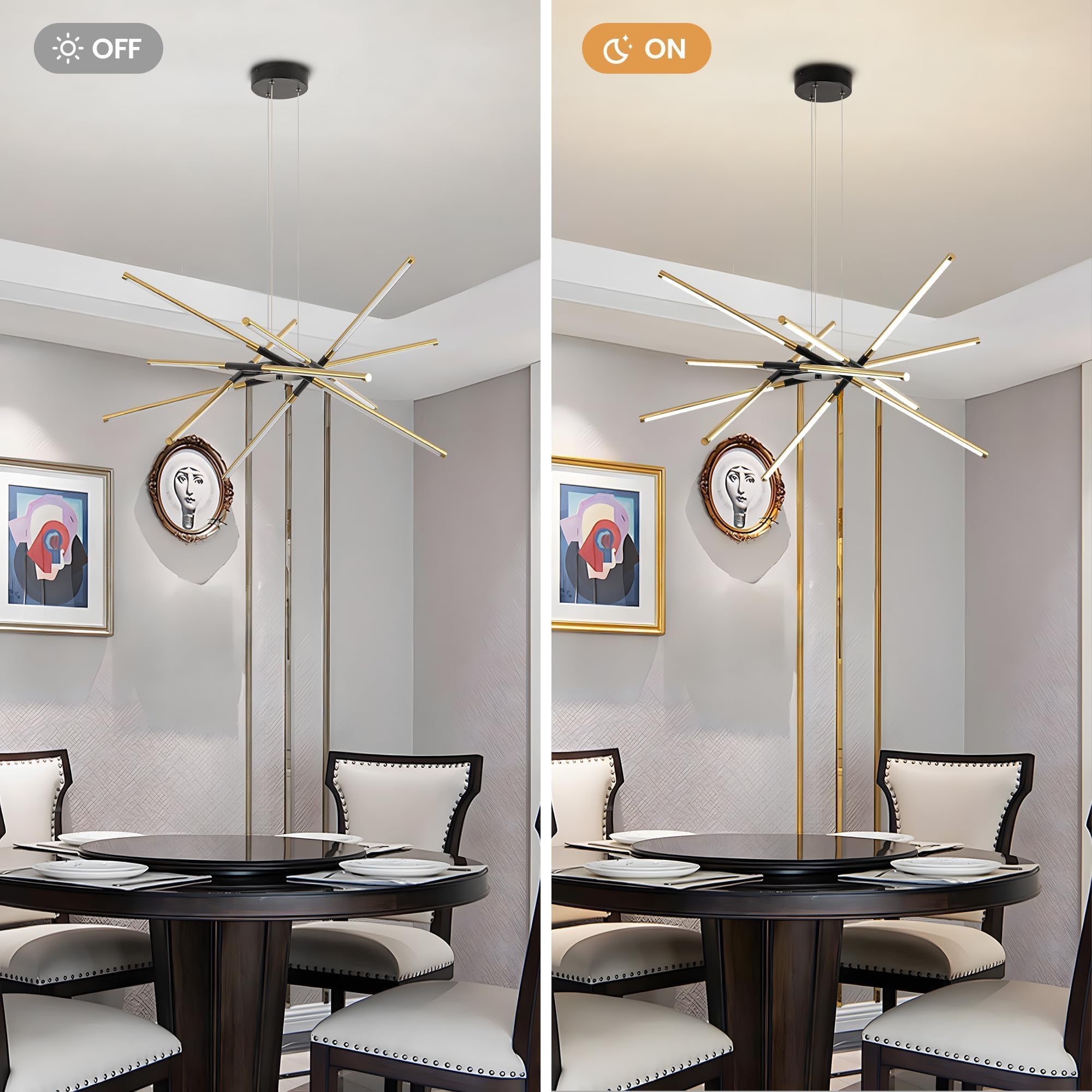 36in Modern LED Chandelier 12 Heads, 48W Dimmable Hanging Ceiling Light in Black and Gold - Adjustable Length for Kitchen Island, Dining Room, Bedroom, Living Room - Perfect for Modern Home Decor, Wedding Lighting, and Restaurant Ambiance