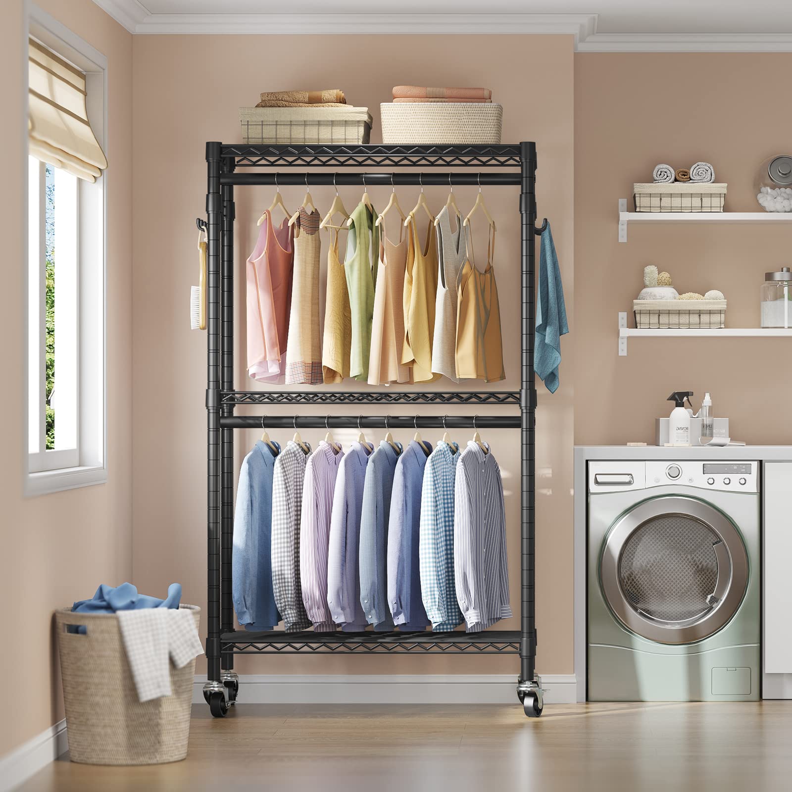VIPEK R2 Medium Rolling Clothes Rack - Heavy Duty Adjustable Metal Garment Rack with Wheels & Side Hooks | Freestanding Wardrobe for Bedroom, Closet, Laundry Room, or Retail Store | Black Storage Organizer for Hanging Clothes, Jackets, and Accessories