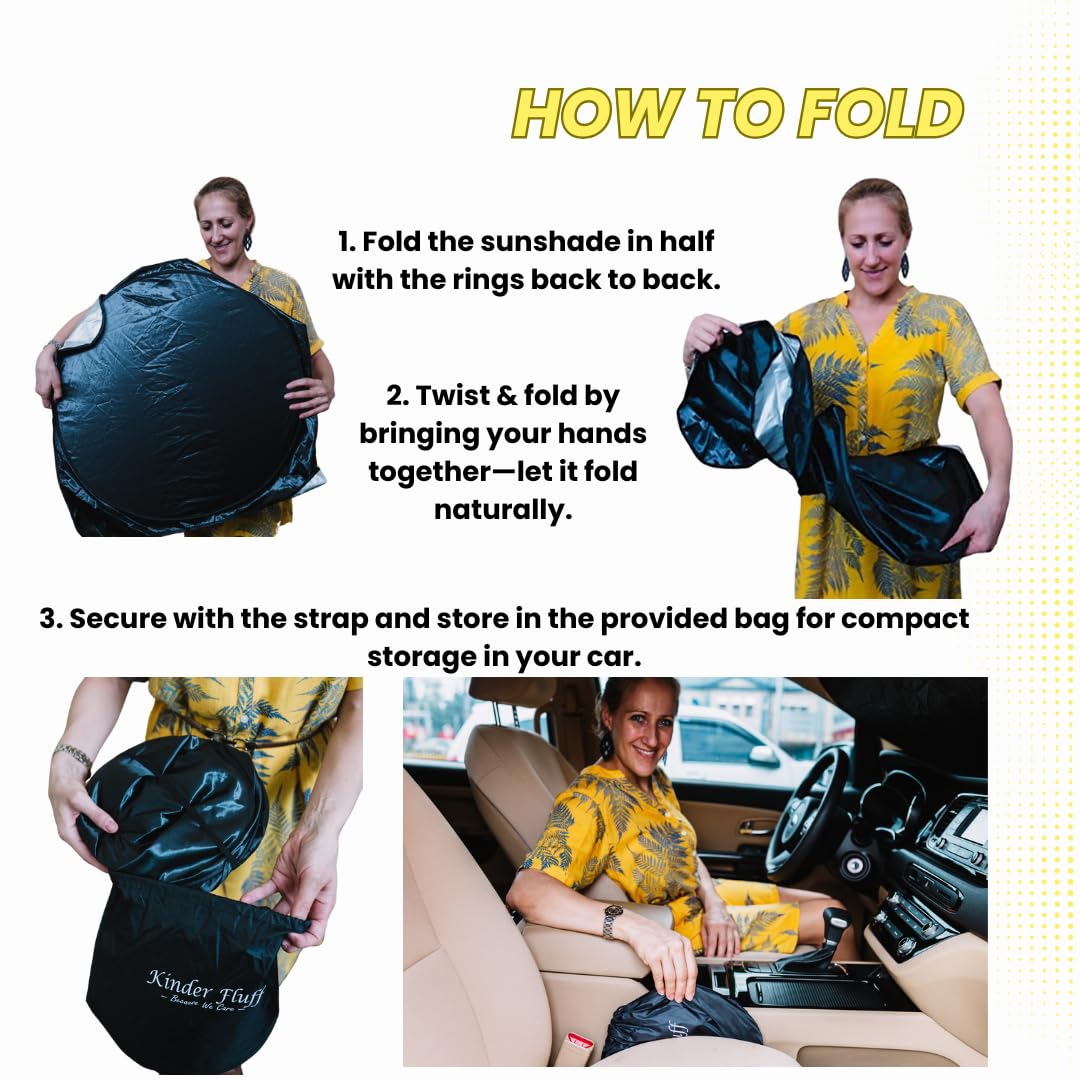 Kinder Fluff Reflective & Foldable Windshield Sunshade - Blocks 99% UV Rays | Car Window Sun Cover for Heat Protection (63x35in, Large) | Perfect for Summer Parking & Dashboard Protection