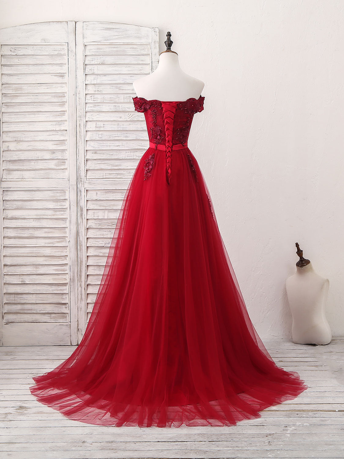 Elegant Burgundy Off Shoulder Tulle Lace Applique Long Prom Dress - Formal Evening Gown for Homecoming, Wedding, and Special Occasions