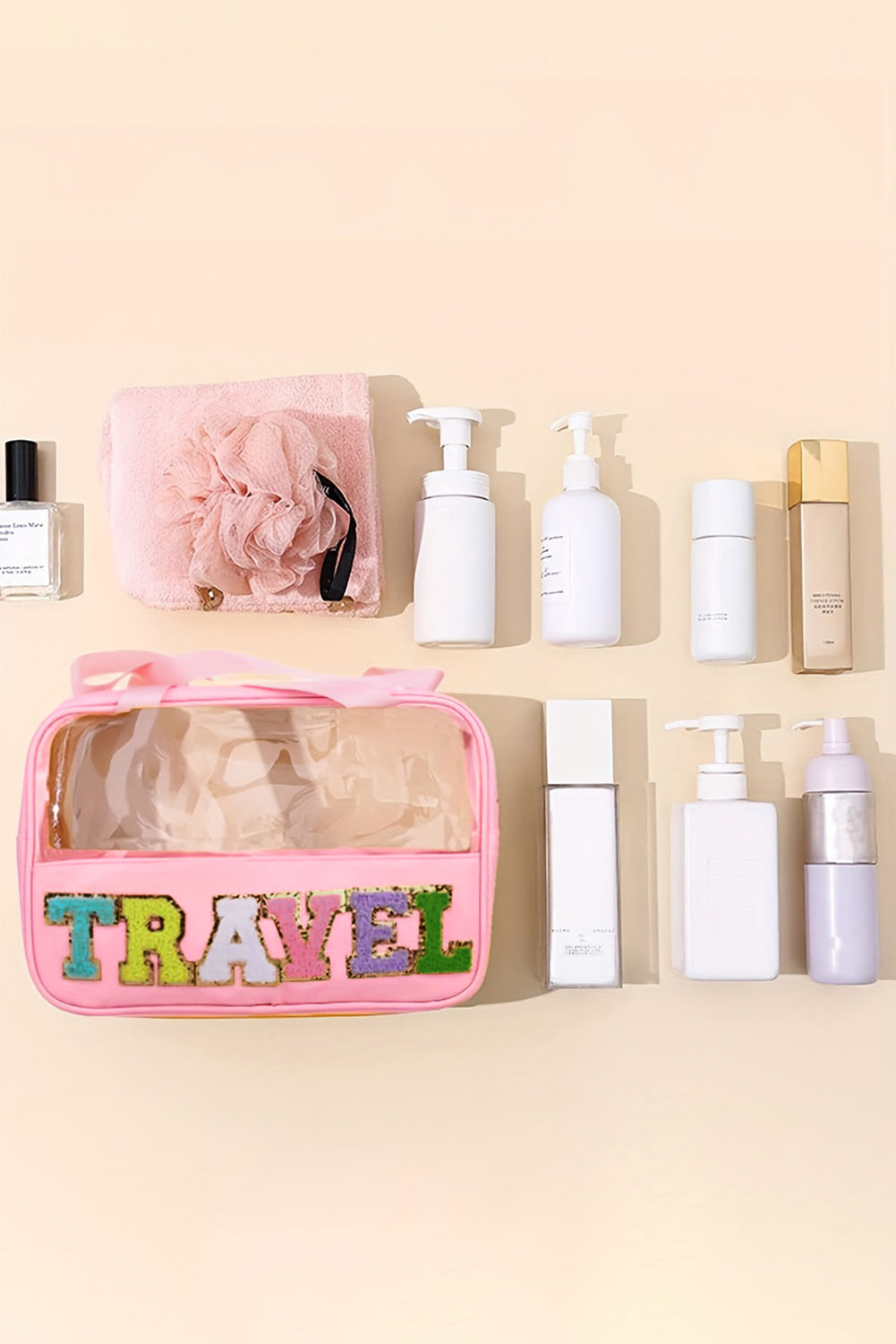 Stylish Chenille Letter Clear PVC Makeup Bag for Travel - Perfect Cosmetic Organizer for Vacation, Gym & Daily Essentials
