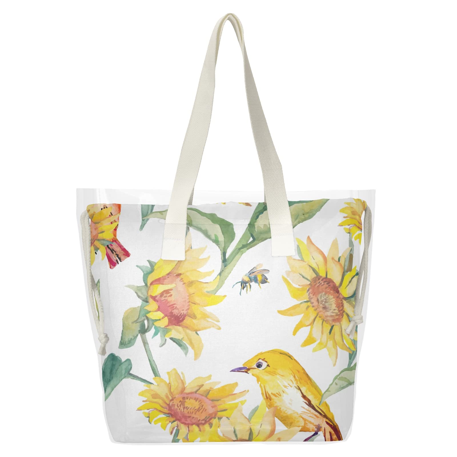 OTVEE Sunflower Bird Bee Beach Tote Bag - 2-in-1 Clear Shoulder Handbag for Women | Perfect for Beach Trips, Picnics & Summer Outings