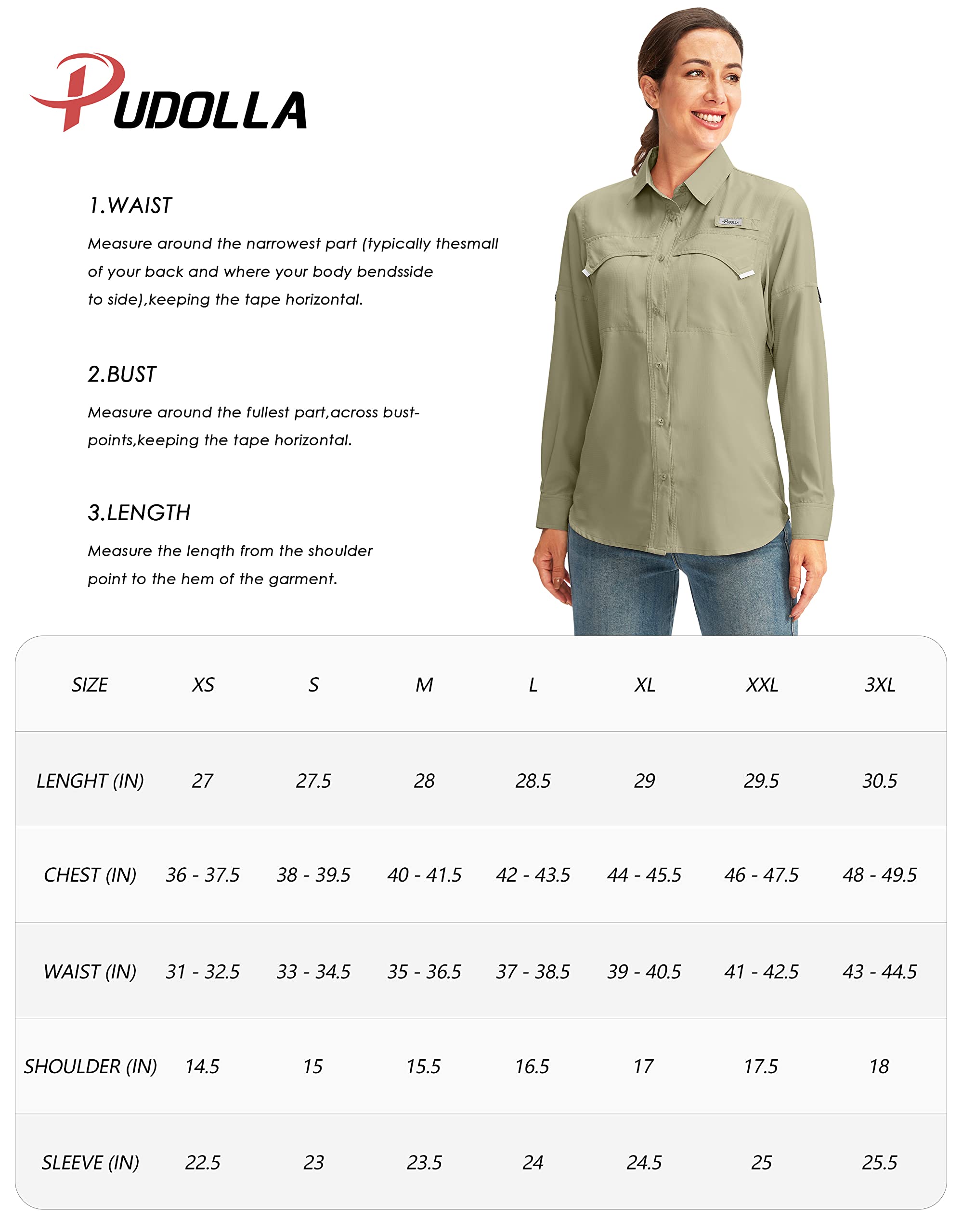 Pudolla Women's UPF 50+ UV Protection Long Sleeve Shirt - Lightweight Sun Shirt for Fishing, Hiking, Travel & Safari - Breathable Outdoor Activewear for Summer Adventures