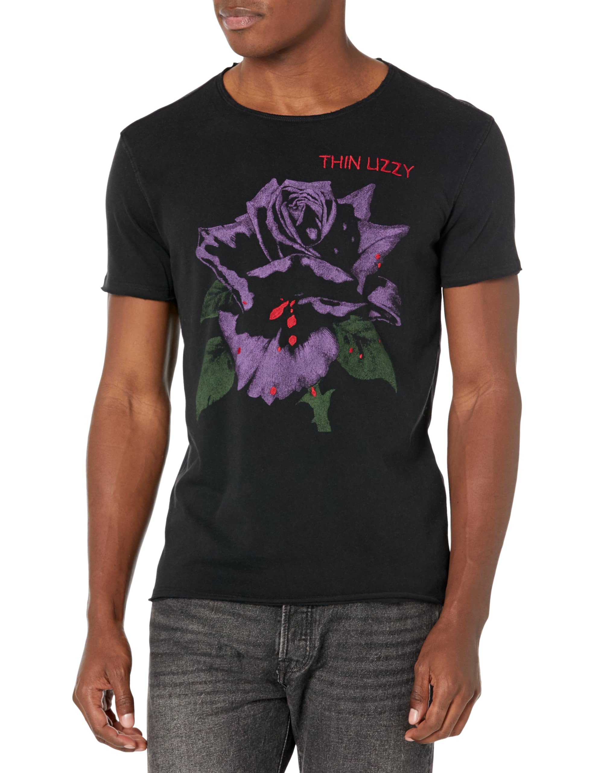 John Varvatos Men's Thin Lizzy Black Rose Graphic T-Shirt - Soft Cotton Vintage Rock Tee for Casual Wear & Concerts