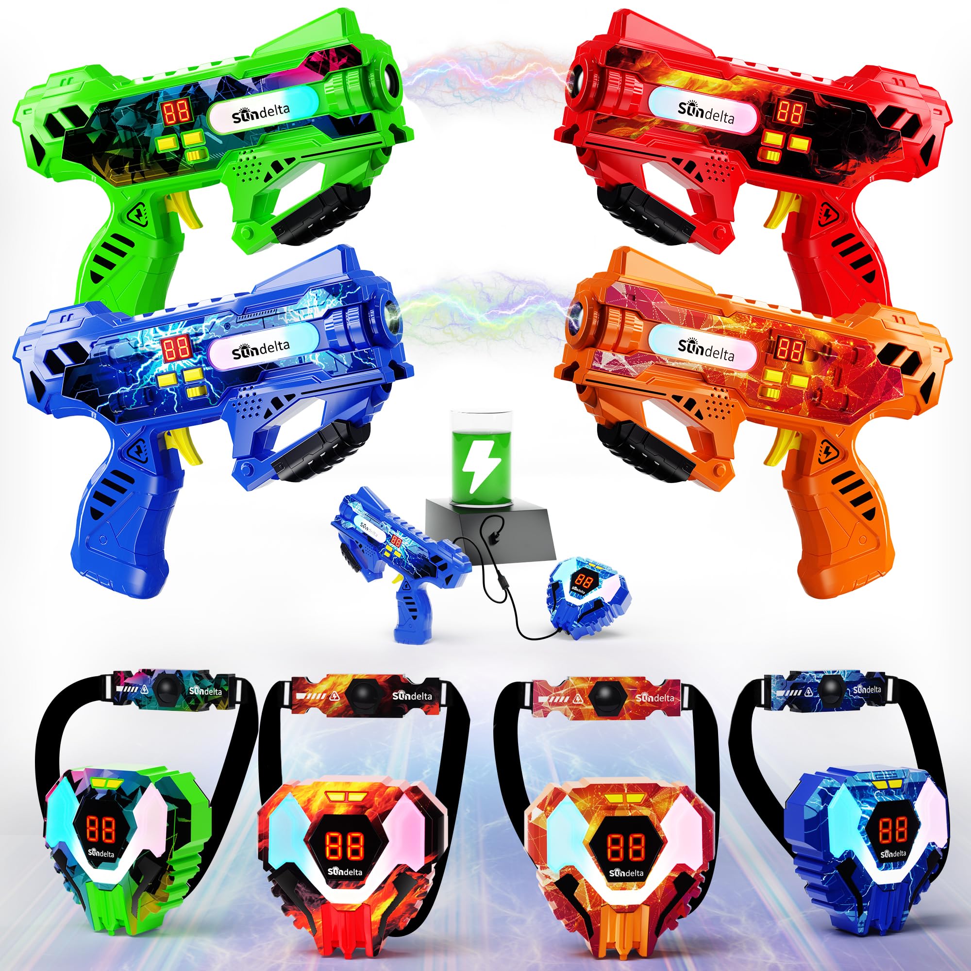 Rechargeable Laser Tag Guns Set of 4 - 360° Sensors & LED Display with Real-Time Hit Feedback - Full-Body Game with Front Vest & Back Targets for Kids Ages 8-12, Teens and Adults - Perfect for Indoor/Outdoor Parties, Birthday Gifts, Team Building Activities and Family Game Nights