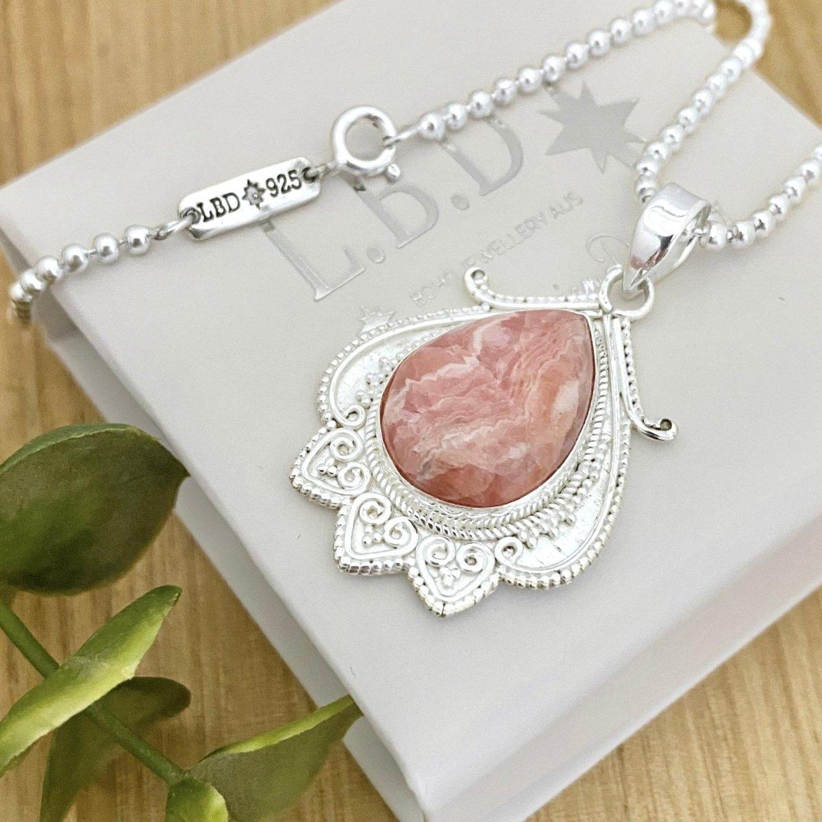Bohemian Swirl Rhodochrosite Pendant Necklace for Women - Handmade Designer Jewelry Gift for Birthday, Anniversary & Special Occasions