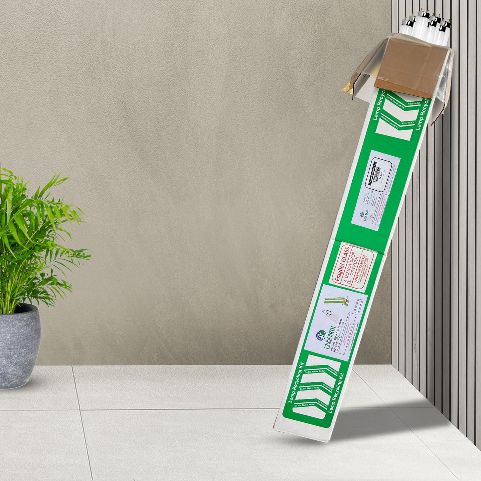 Eco-Friendly Recycling Box for Straight Lamps – Prepaid Mail Back Kit Holds 27 T12 or 64 T8 Fluorescent Tubes (4 Foot Standard Size) | Safe Disposal for Offices, Schools & Commercial Buildings