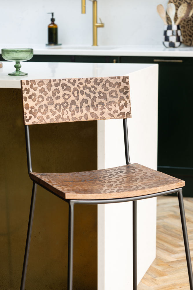 Natural Leopard Print Bar Stool - Modern Faux Leather Counter Height Stool for Kitchen, Dining Room & Home Bar Decor