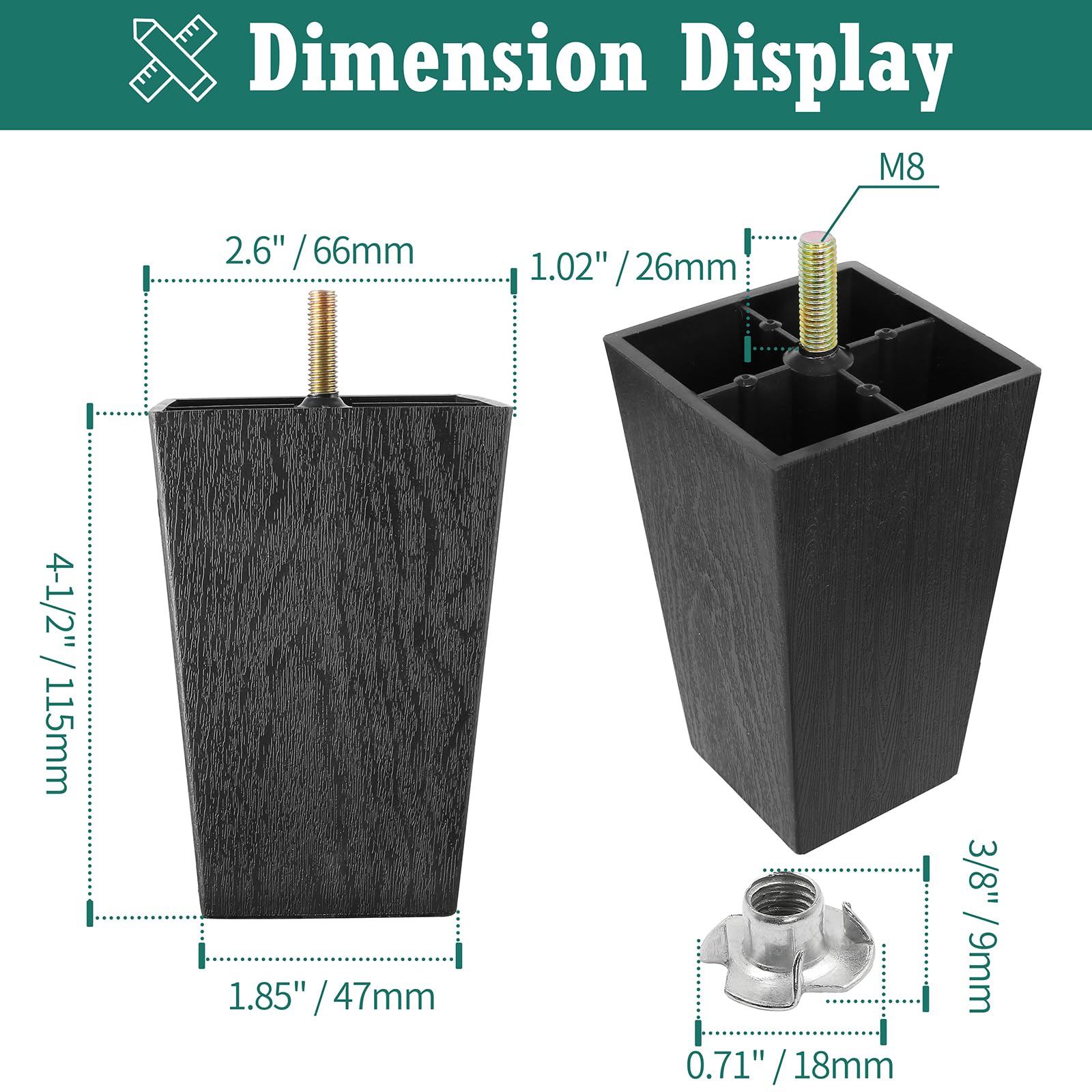 4.5 Inch Black Square Plastic Furniture Legs - Set of 4 M8 Replacement Feet for Sofa, Couch, Armchair, Bed, Cabinet & Desk - Mid Century Modern Style Home Decor Upgrade