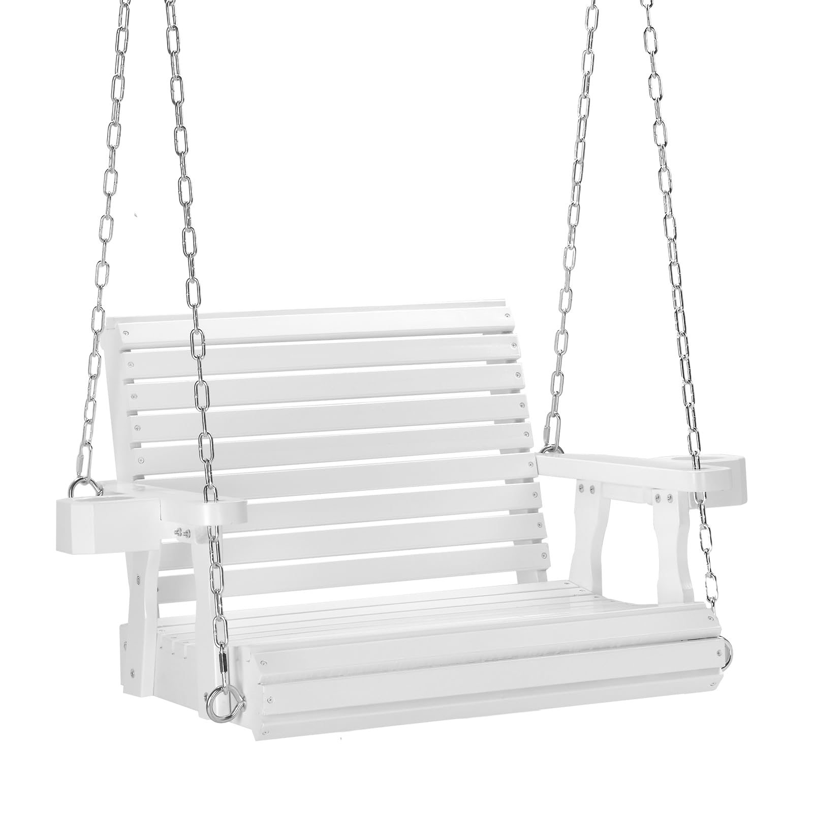 VINGLI Heavy Duty 440 LBS Capacity Wooden Porch Swing - Single Person Outdoor Swing with Deep Seat, High Backrest & Cup Holder for Adults & Kids - Perfect for Patio, Garden, Balcony, Backyard & Tree Hanging (White)