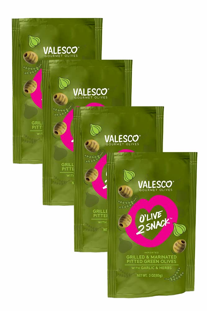 Valesco Gourmet Marinated Pitted Green Olives with Garlic & Herbs - Grilled & Ready to Eat, 3 oz (Pack of 4) | Perfect for Charcuterie Boards, Salads, Snacking & Mediterranean Recipes