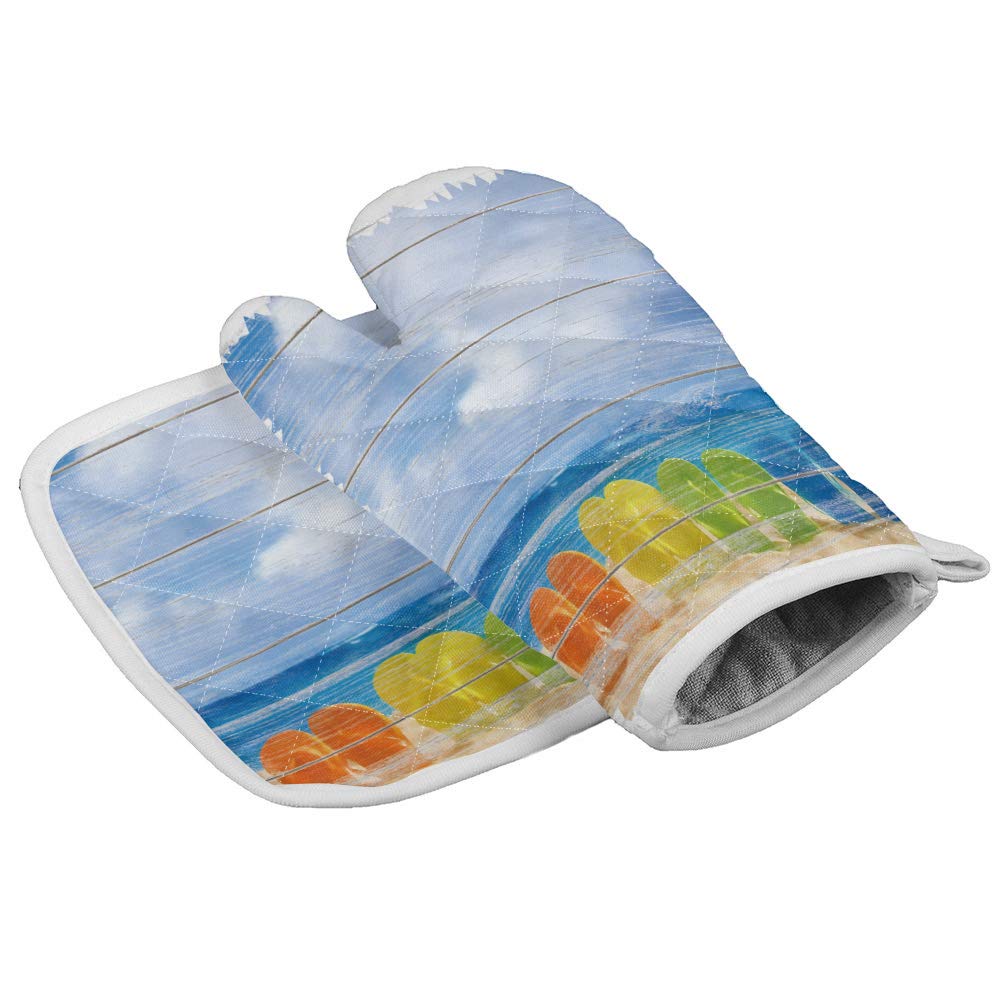 Heat Resistant Oven Mitts & Pot Holders Set - 2 Pcs Quilted Cotton Kitchen Gloves for Baking and Cooking, Summer Beach Blue Sky Oil Painting Design - Perfect for Grilling, Baking, and Handling Hot Pots & Pans