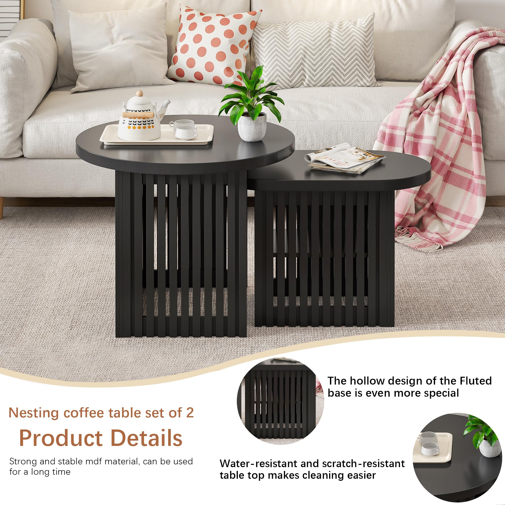 Modern Round Nesting Coffee Table Set of 2 with Storage Shelf & Fluted Panel - Black Wood Stacking Side Tables for Small Spaces - Perfect for Living Room, Bedroom & Apartment Decor