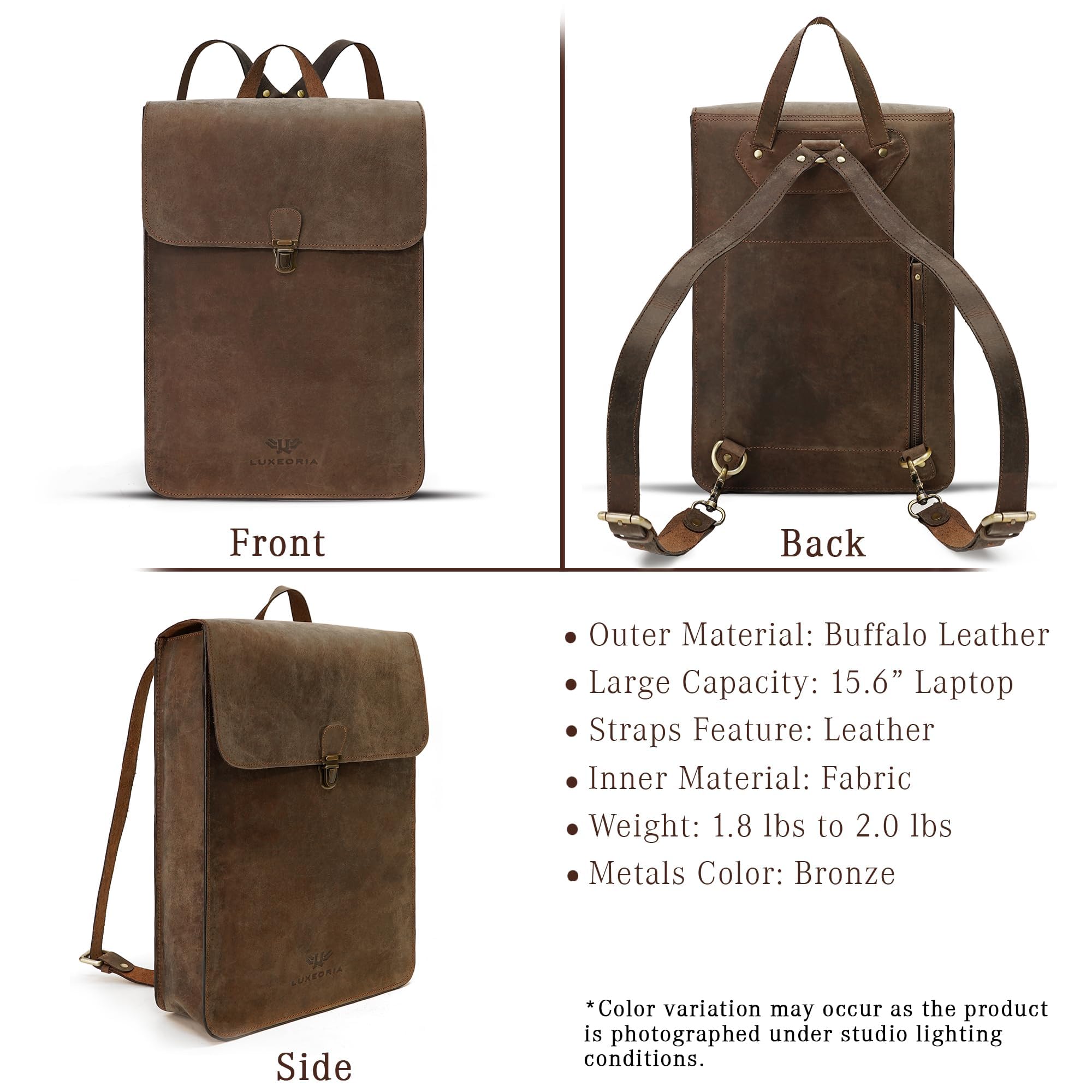 LUXEORIA Genuine Leather Backpack for Men & Women - Handmade Minimalist Retro Laptop Bag 15.6 Inch, Durable Hiking Daypack for Travel, Work & School - Hunter Brown