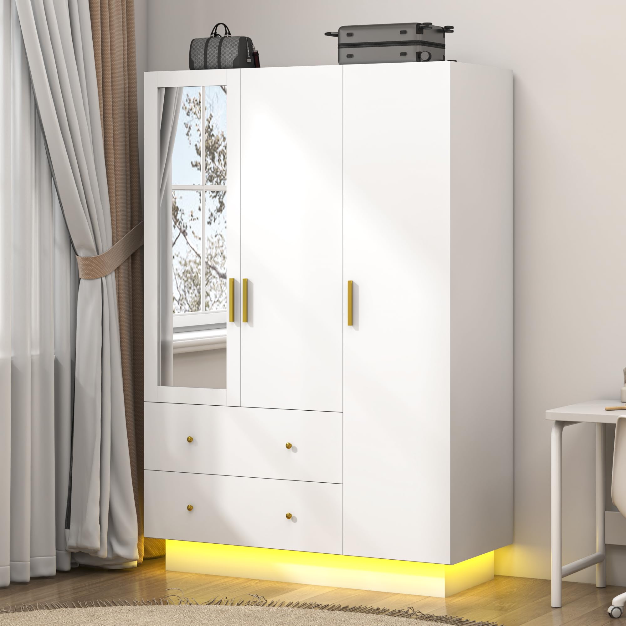 3 Door Wardrobe Closet with Mirror & LED Lights - Modern Wooden Armoire with Drawers, Shelves & Hanging Rod - White Bedroom Storage Solution for Clothes, Shoes & Accessories | Perfect for Master Bedroom, Guest Room & Dorm Organization