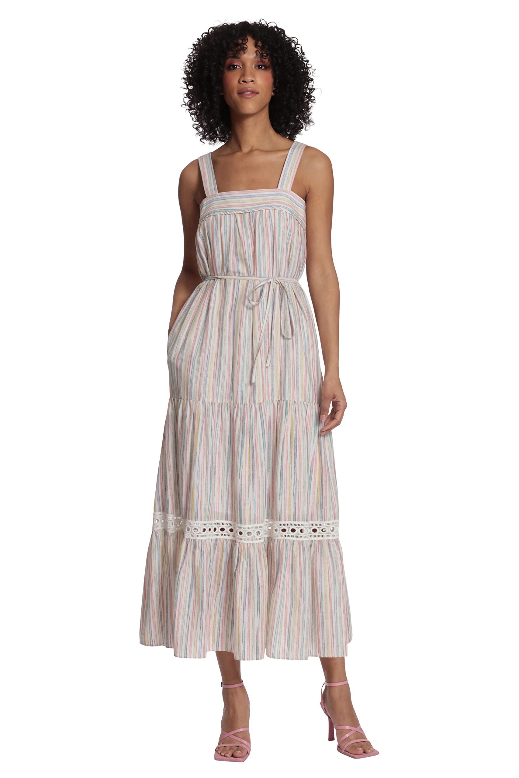Maggy London Women's Elegant Shoulder Strap Maxi Dress with Eyelet Hem Detail - Perfect for Summer Weddings, Beach Vacations & Evening Parties