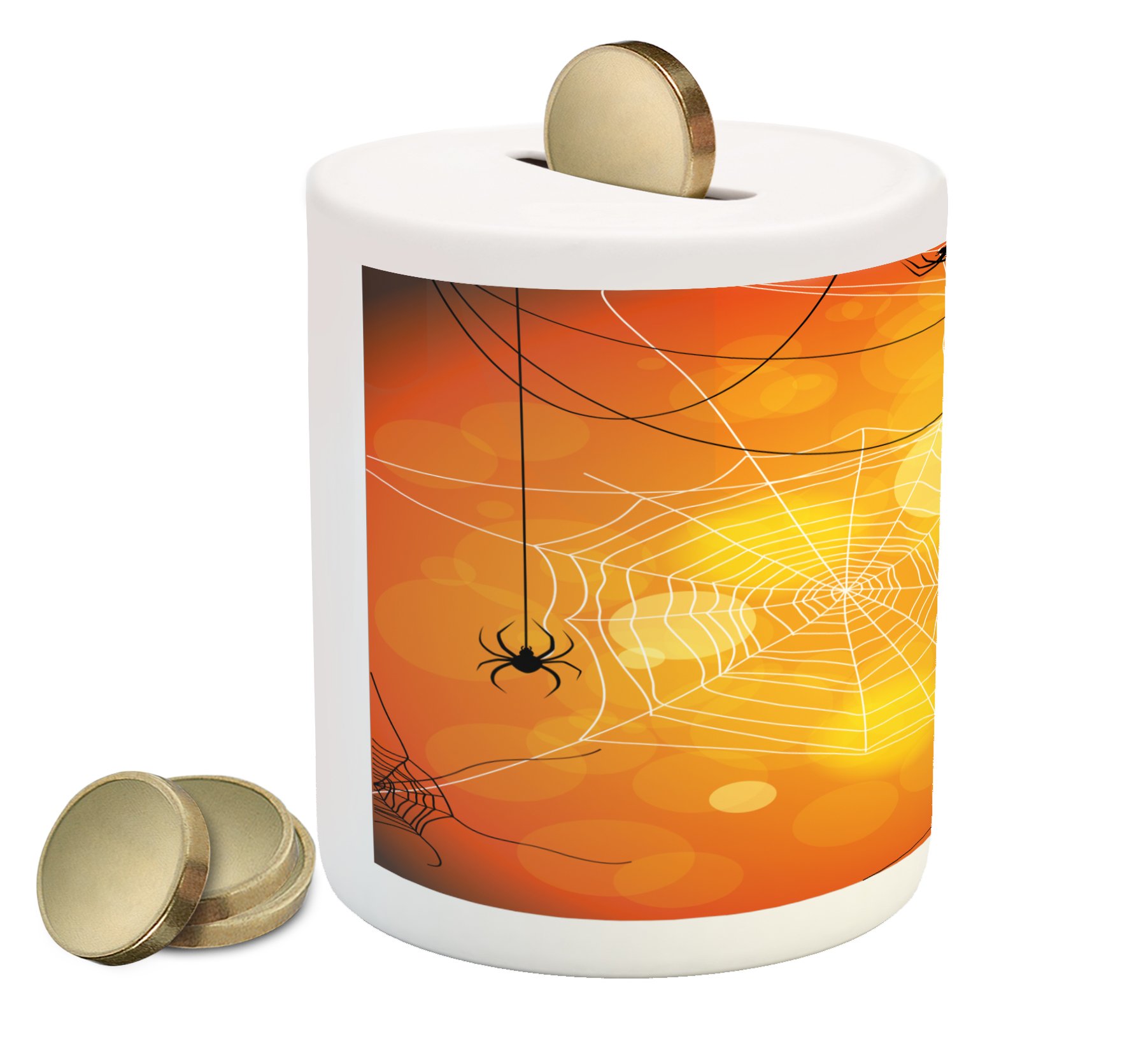 Lunarable Halloween Piggy Bank - Spiders & Cobweb Design on Abstract Bokeh Background, Printed Ceramic Coin Bank for Cash Savings (Orange/Yellow/White) - Perfect for Halloween Decor, Kids' Money Saving & Spooky Gift Ideas