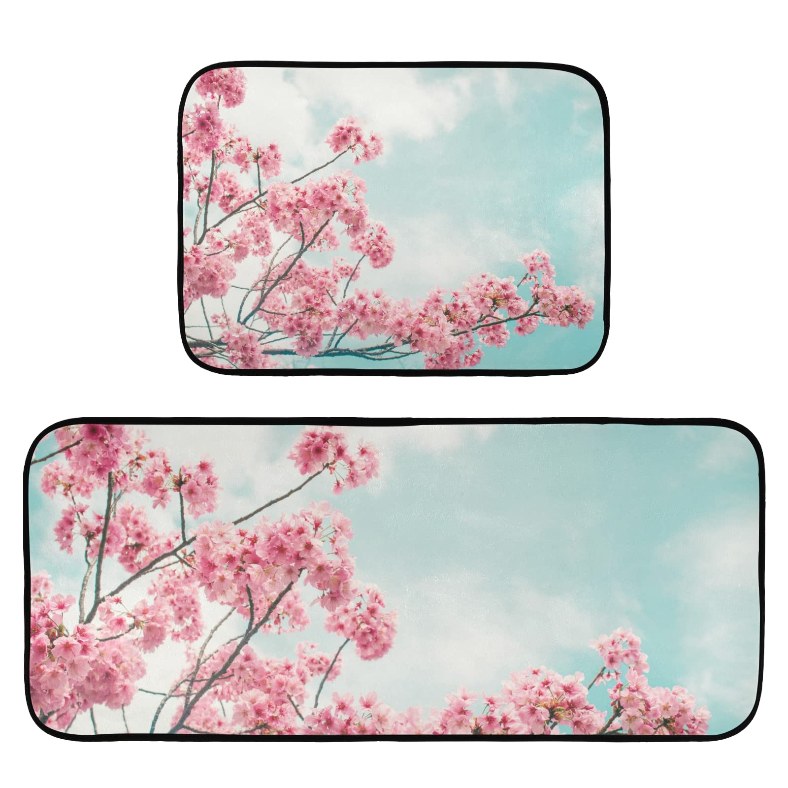 Cherry Blossom Spring Kitchen Mat Set of 2 - Anti-Fatigue, Washable Foam Cushioned Non-Slip Rugs - Comfort Standing Mats for Kitchen, Laundry & Home Decor - Perfect for Cooking, Dishwashing & Floor Protection