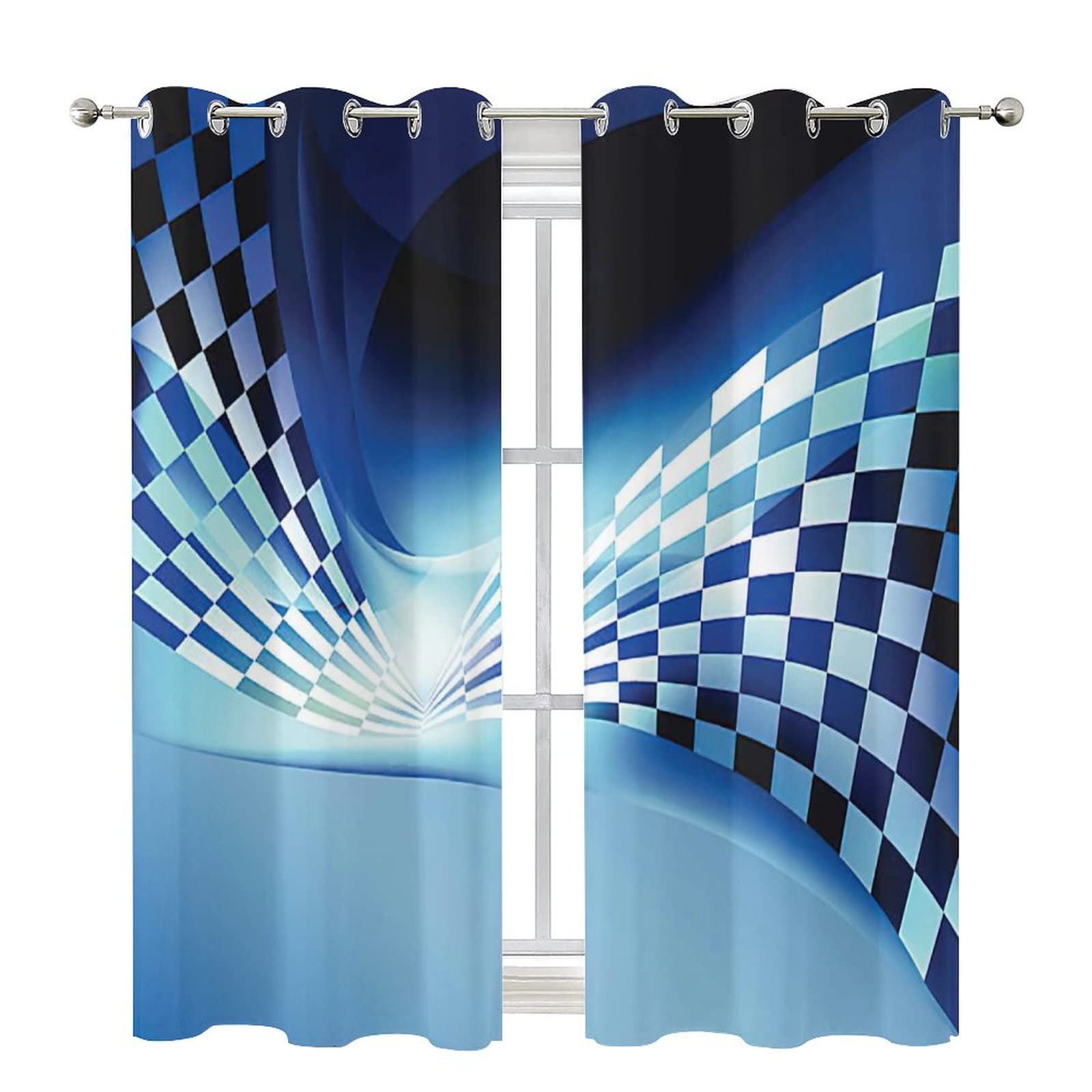 Race Car Flag Blackout Curtains - Thermal Insulated Noise Reducing Light Blocking Drapes, Abstract Blue Black White Checkered Design, 84