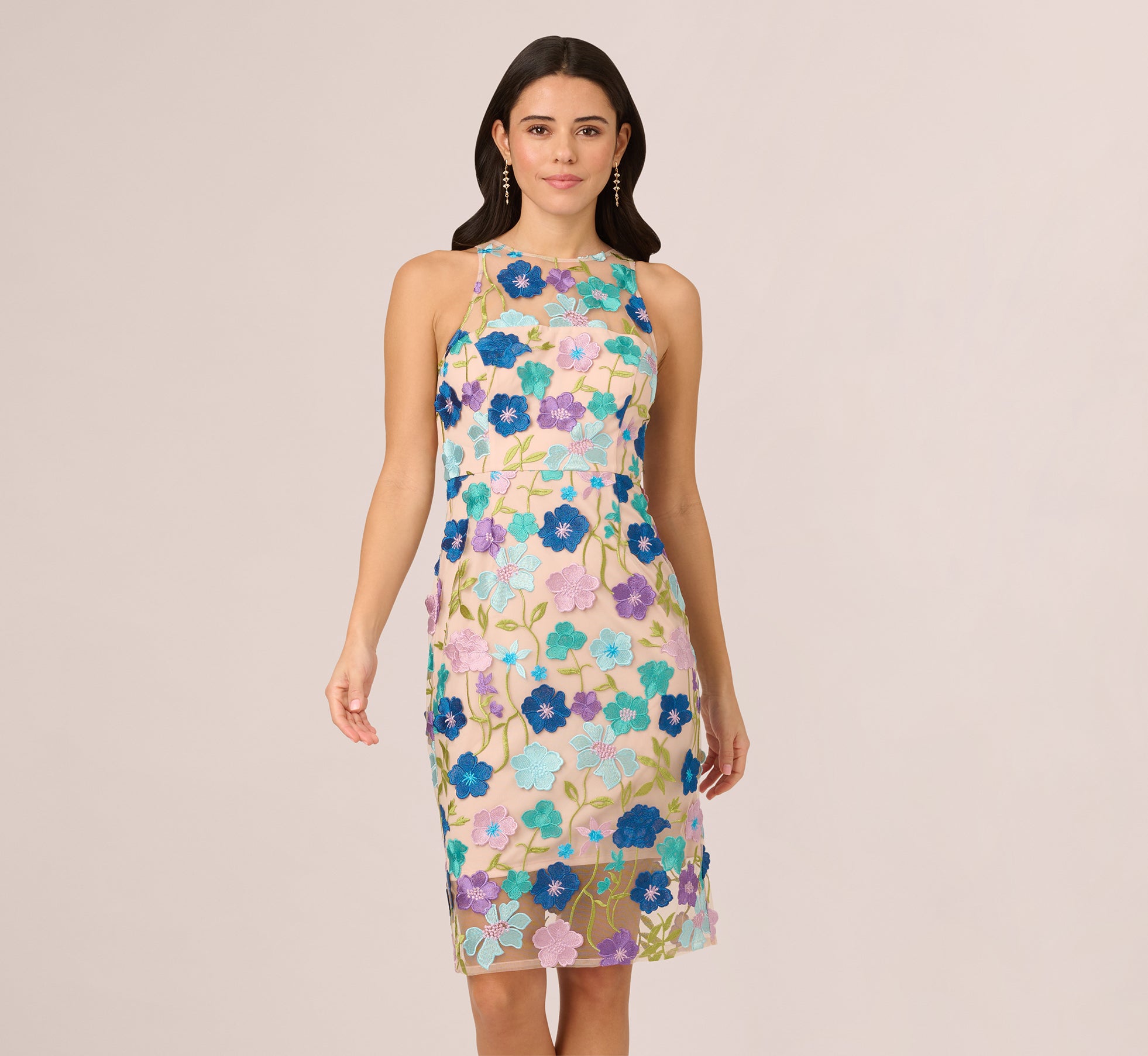 Blue Multicolor Floral Embroidered Halter Midi Dress for Women | Summer Beach Party, Wedding Guest & Vacation Outfit