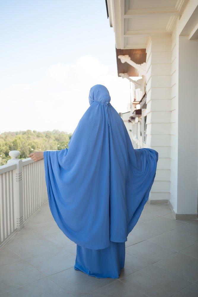 Blue Calinia Prayer Gown Two Piece Set Khimar for Omrah - Islamic Modest Dress for Women, Hajj & Umrah Prayer Outfit - Perfect for Mosque, Religious Ceremonies & Daily Worship