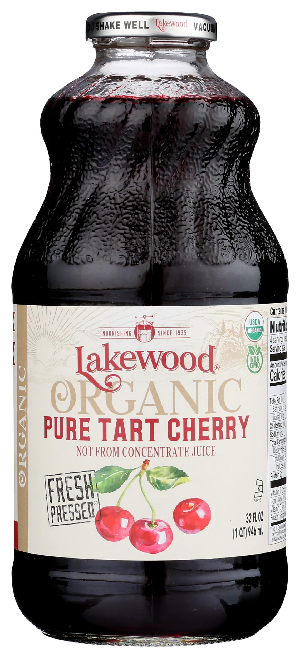 Organic Pure Cherry Tart Juice by Lakewood, 32 oz - Antioxidant-Rich, No Sugar Added, Perfect for Smoothies, Cocktails & Healthy Hydration