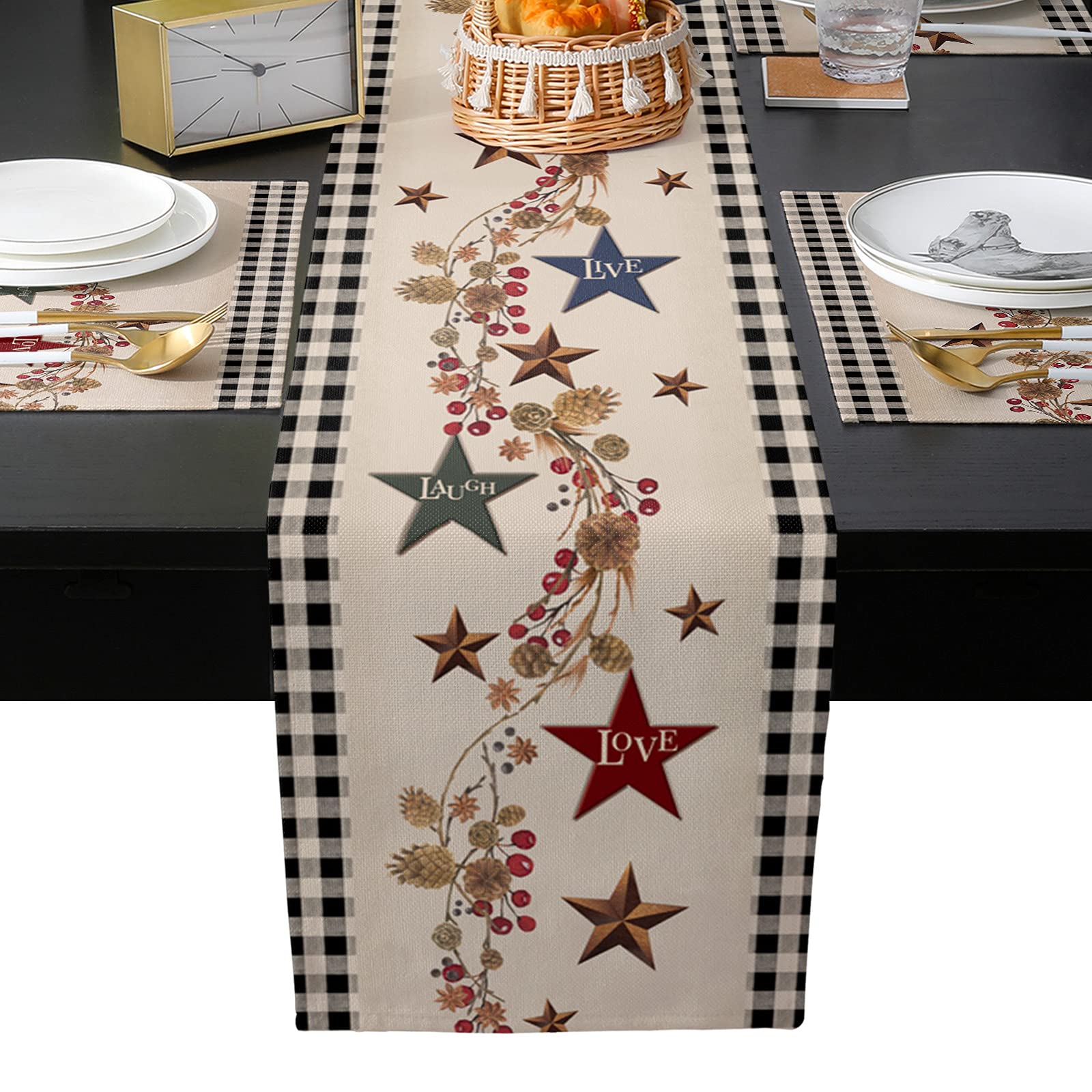 OneHoney Vintage Country Stars & Berries Lace Table Runner with 4 Washable Placemats Set - Buffalo Check Black & White Kitchen Dining Decor for Farmhouse, Party & Holiday Tablescapes