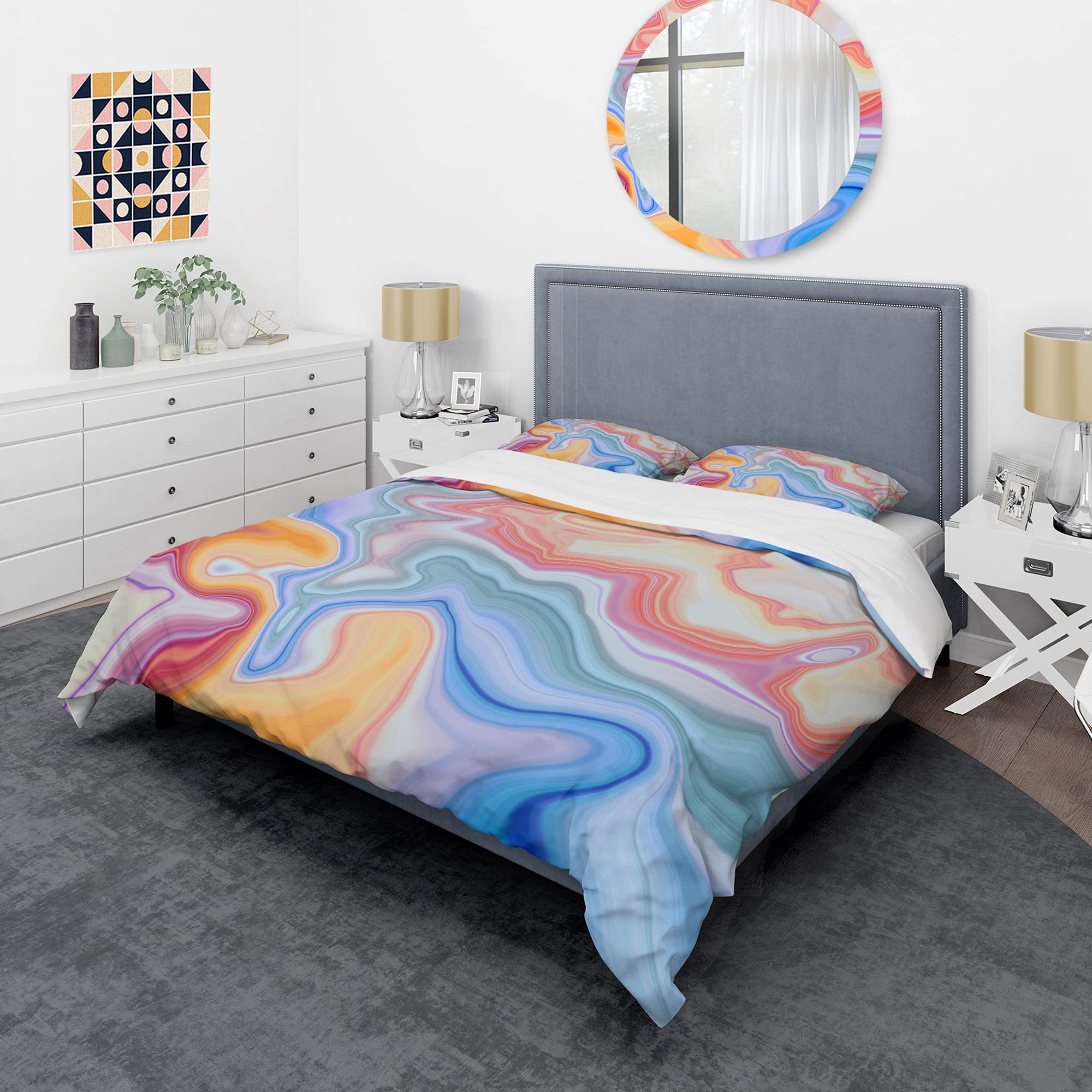 Modern Abstract Blue Green Red Marbled Duvet Cover Set King Size - 3 Piece Contemporary Bedding for All Seasons | Perfect for Master Bedroom, Guest Room & Luxury Hotel Decor