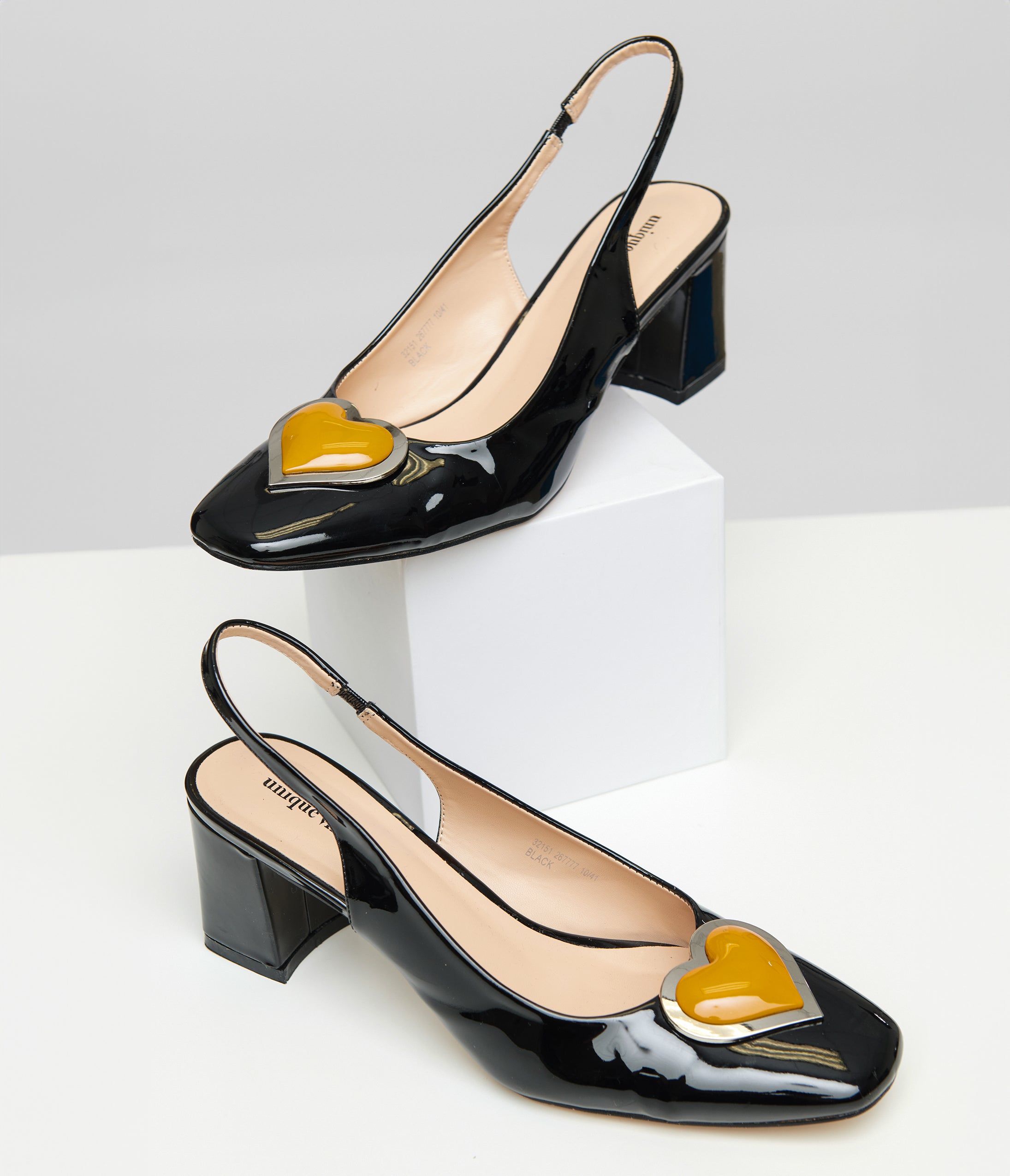 Vintage Black & Orange Heart Leatherette Slingback Heels - Women's Retro Style Chunky Heel Pumps for Valentine's Day, Date Night & Special Occasions