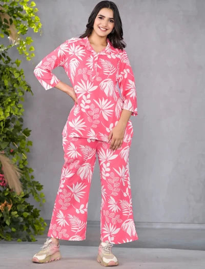 Palm Pink Printed Co-Ord Set for Women | Trendy Matching Outfit | UK Next Day Delivery | Perfect for Beach Vacations & Summer Parties
