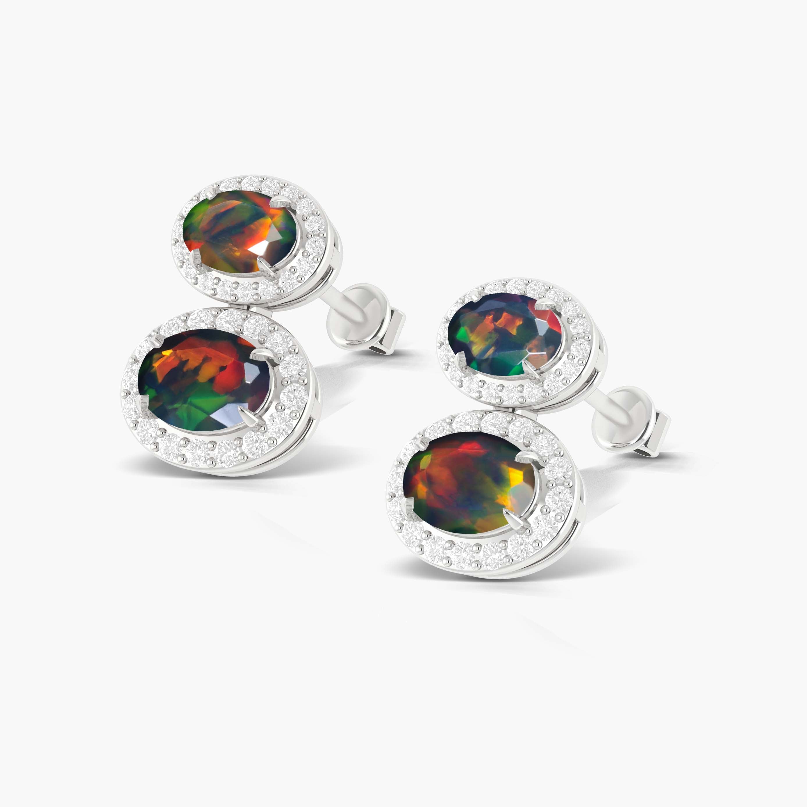 Natural Black Opal Dual Stone Halo Stud Earrings for Women – Genuine Opal Jewelry, 925 Sterling Silver, Elegant Gift for Birthday, Anniversary & Special Occasions