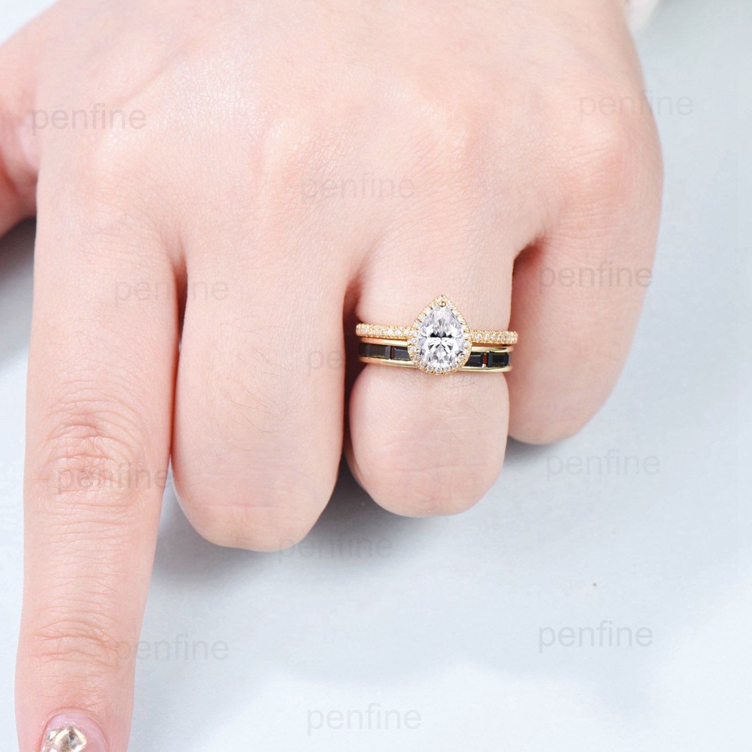 6x8mm Pear Shaped Moissanite Engagement Ring Set with Halo & Baguette Black Spinel Stacking Band - 14k Yellow Gold Bridal Jewelry Set for Wedding, Proposal, Anniversary and Special Occasions