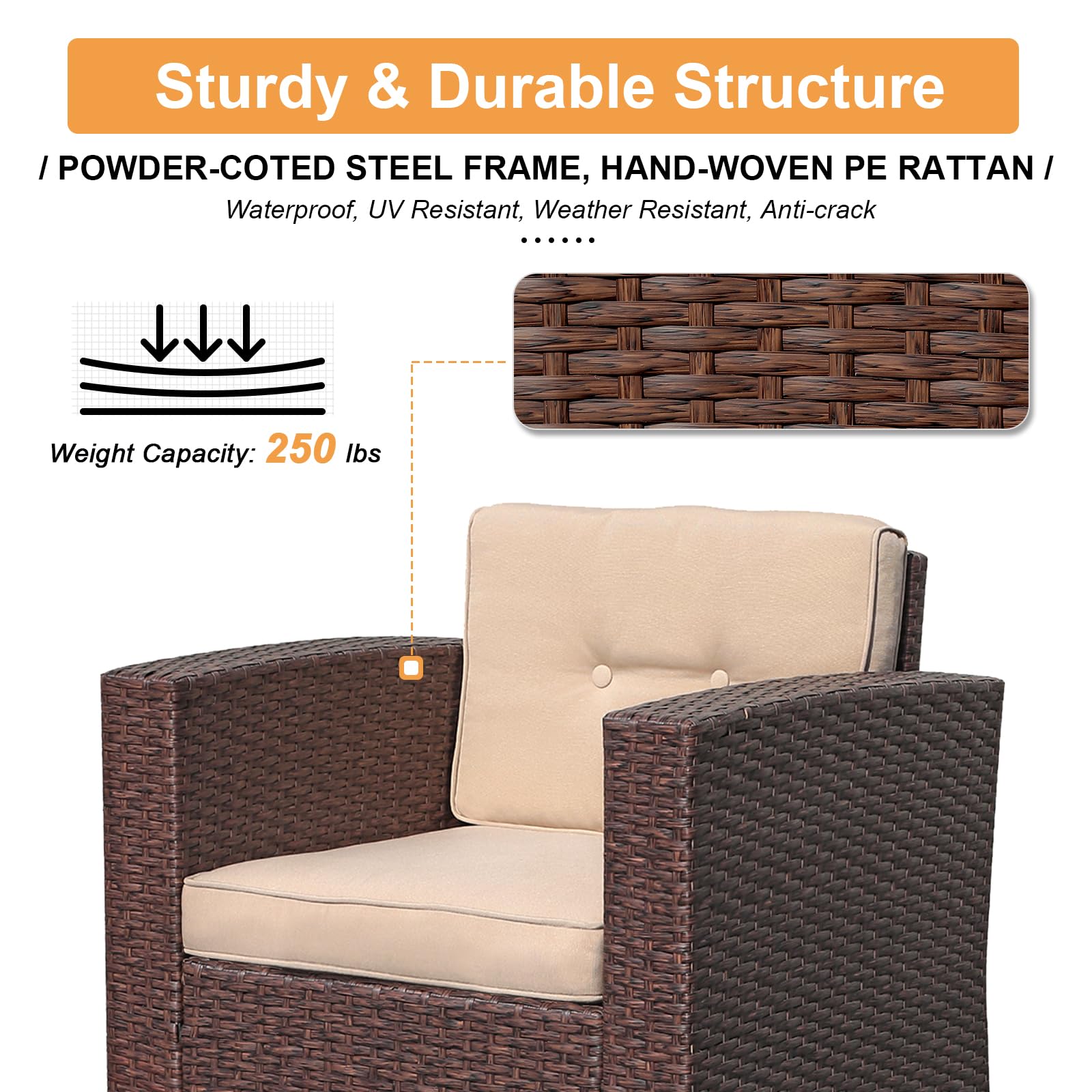Super Patio 8-Piece Outdoor Furniture Set - All-Weather PE Wicker Sectional Sofa with Ottoman, Tempered Glass Coffee Table & 3 Red Pillows (Espresso Brown) - Perfect for Backyard, Garden, and Poolside Relaxation