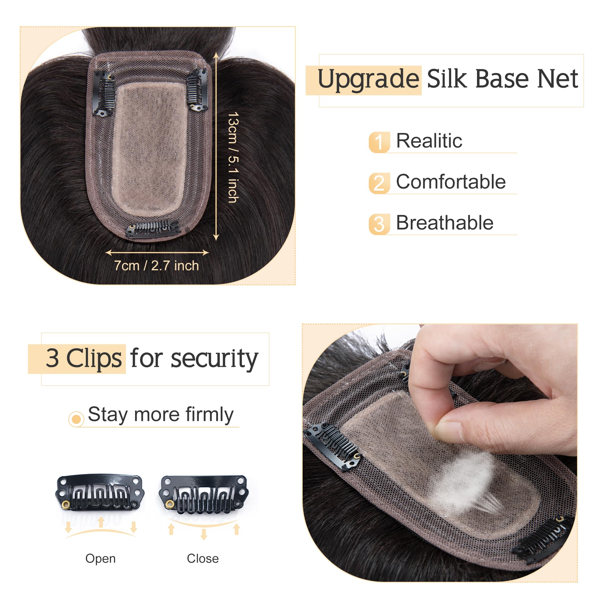 SEGO Real Human Hair Toppers for Women with Bangs - 7x13CM Silk Base, 100% Remy Human Hair Clip-in Top Wiglet for Thinning Hair (16 Inch, Natural Black) - Perfect for Daily Wear, Parties & Special Occasions