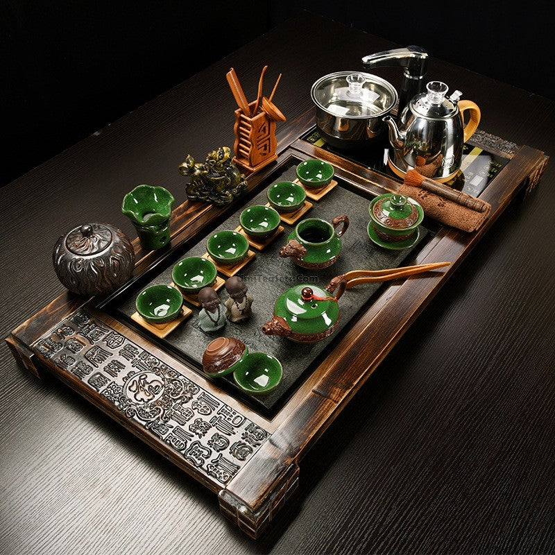 Premium Handcrafted Ice Crack Tea Set with Fire Wood & Stone Tea Tray - Perfect for Zen Meditation, Japanese Tea Ceremony & Home Decoration