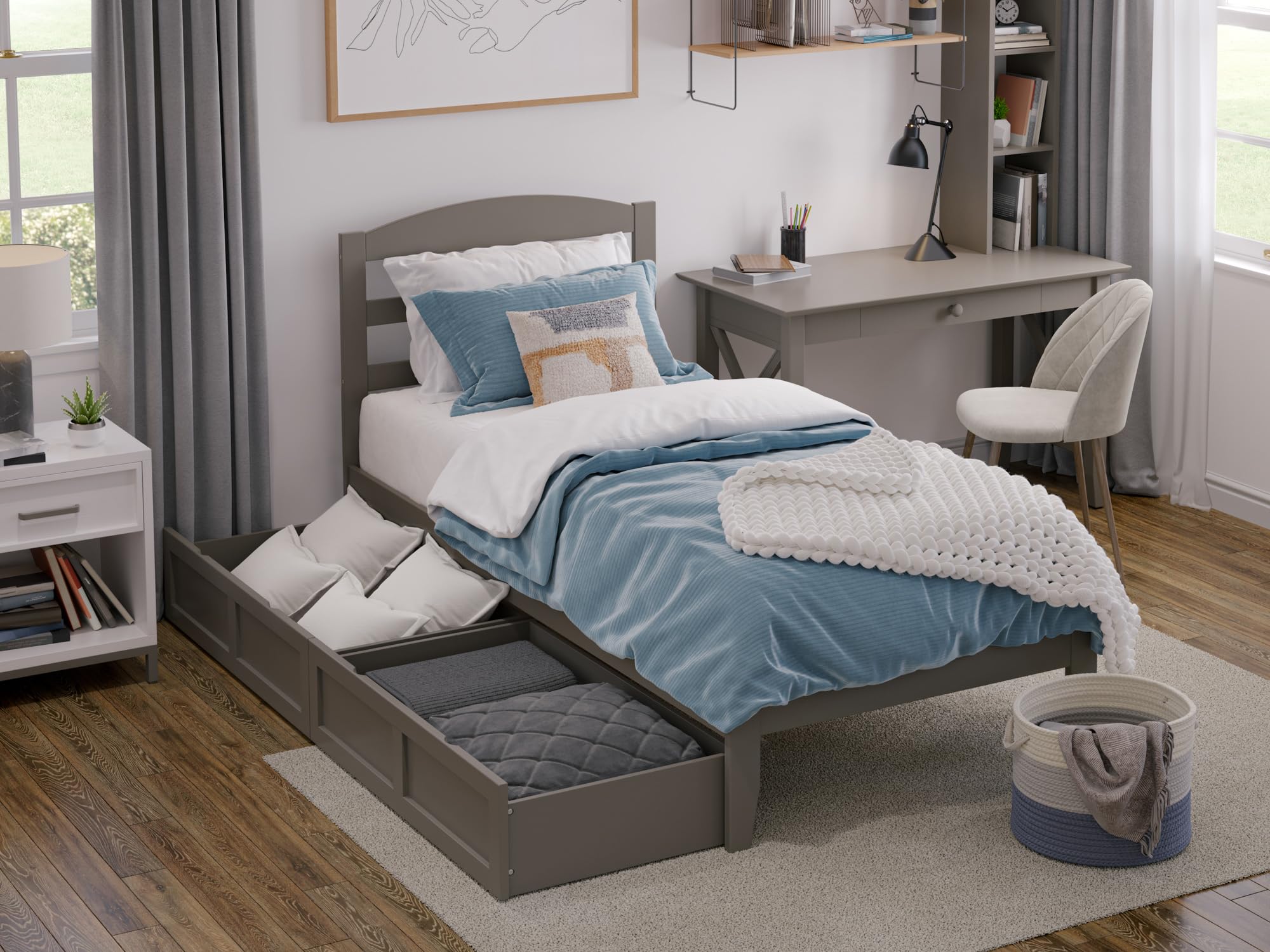 AFI Warren Twin XL Platform Bed Frame with 2 Storage Drawers & Built-in USB Charger - Space Saving Grey Bed for Small Rooms, Dorm & Guest Bedroom